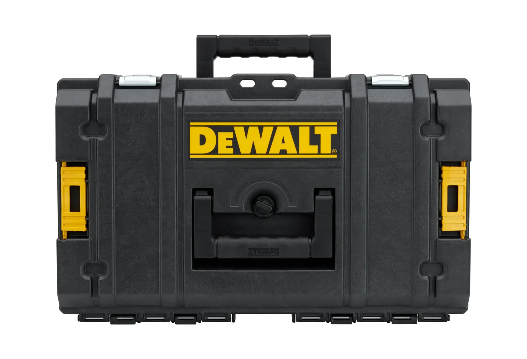 A DEWALT branded black and yellow hard plastic toolbox with a handle on top and secure latches on each side, shown on a white background.