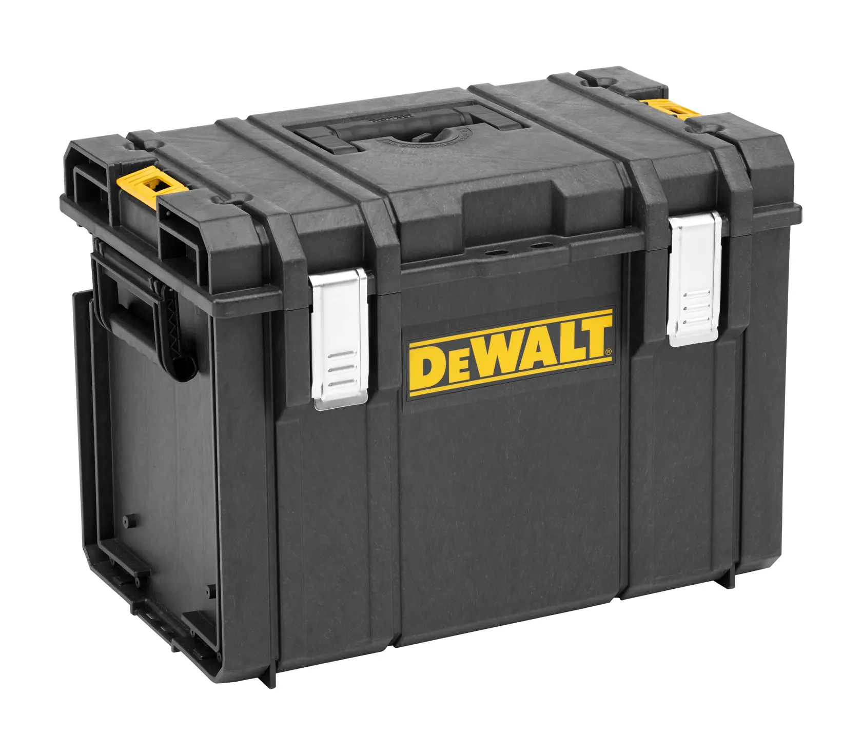 A sturdy black DEWALT tool storage box with a handle on top, metal latches, and the DEWALT logo on the front. The box appears durable and suitable for organizing and transporting tools or photography equipment.