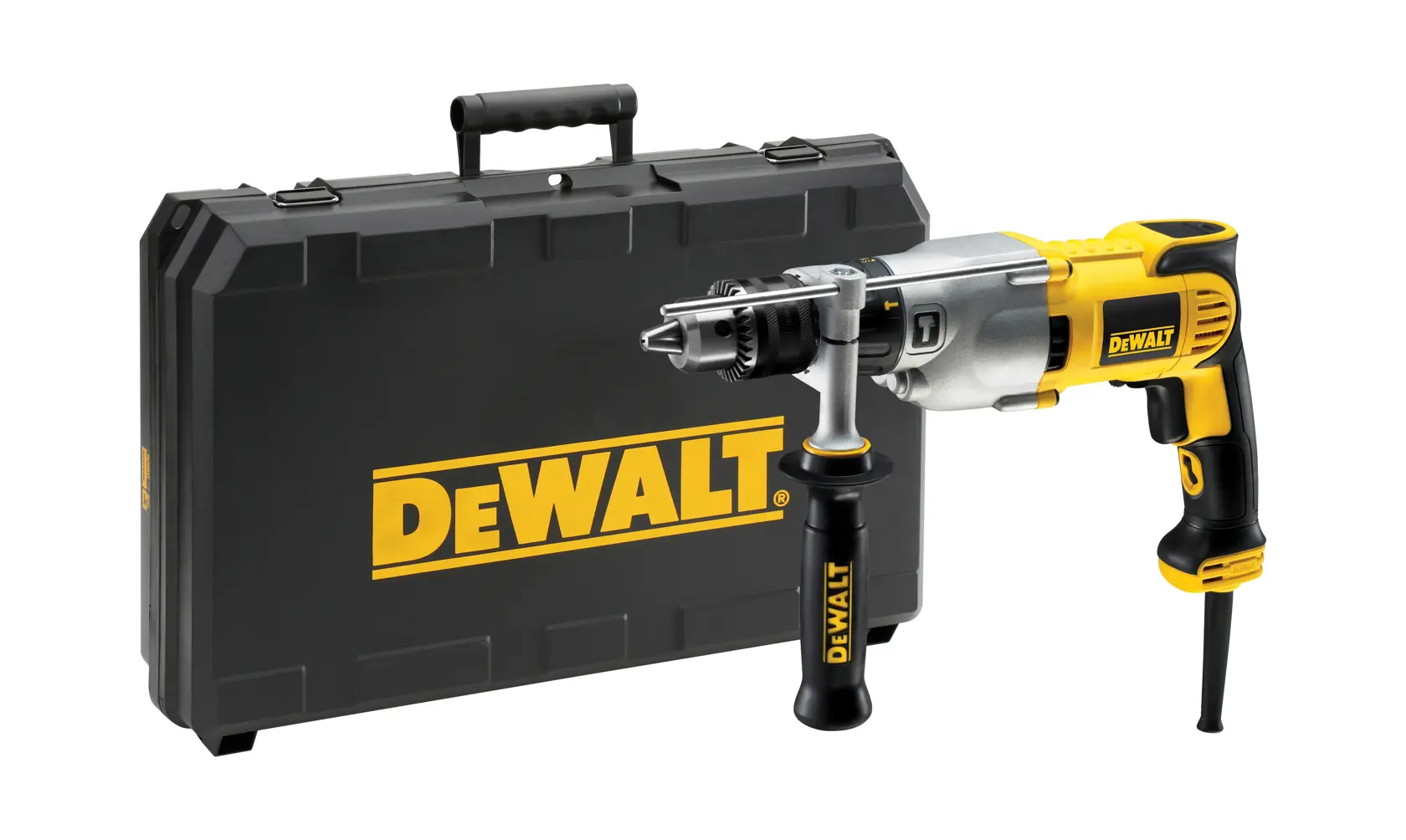 Une perceuse électrique DEWALT D21570K avec une poignée latérale et un design jaune et noir.