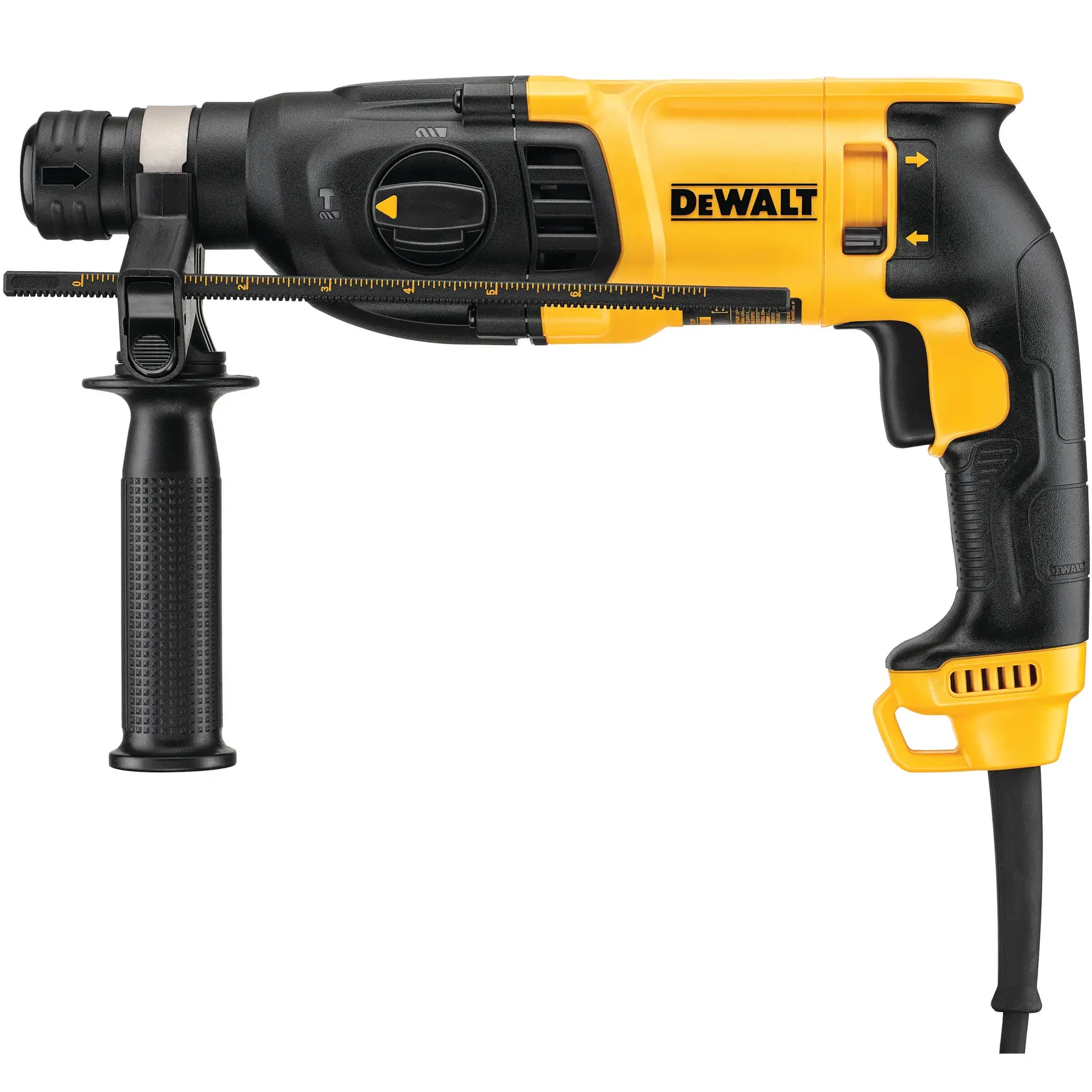 Eine kabelgebundene DEWALT D25133K Schlagbohrmaschine mit schwarzem und gelbem Design, seitlichem Griff und Tiefenanschlag.