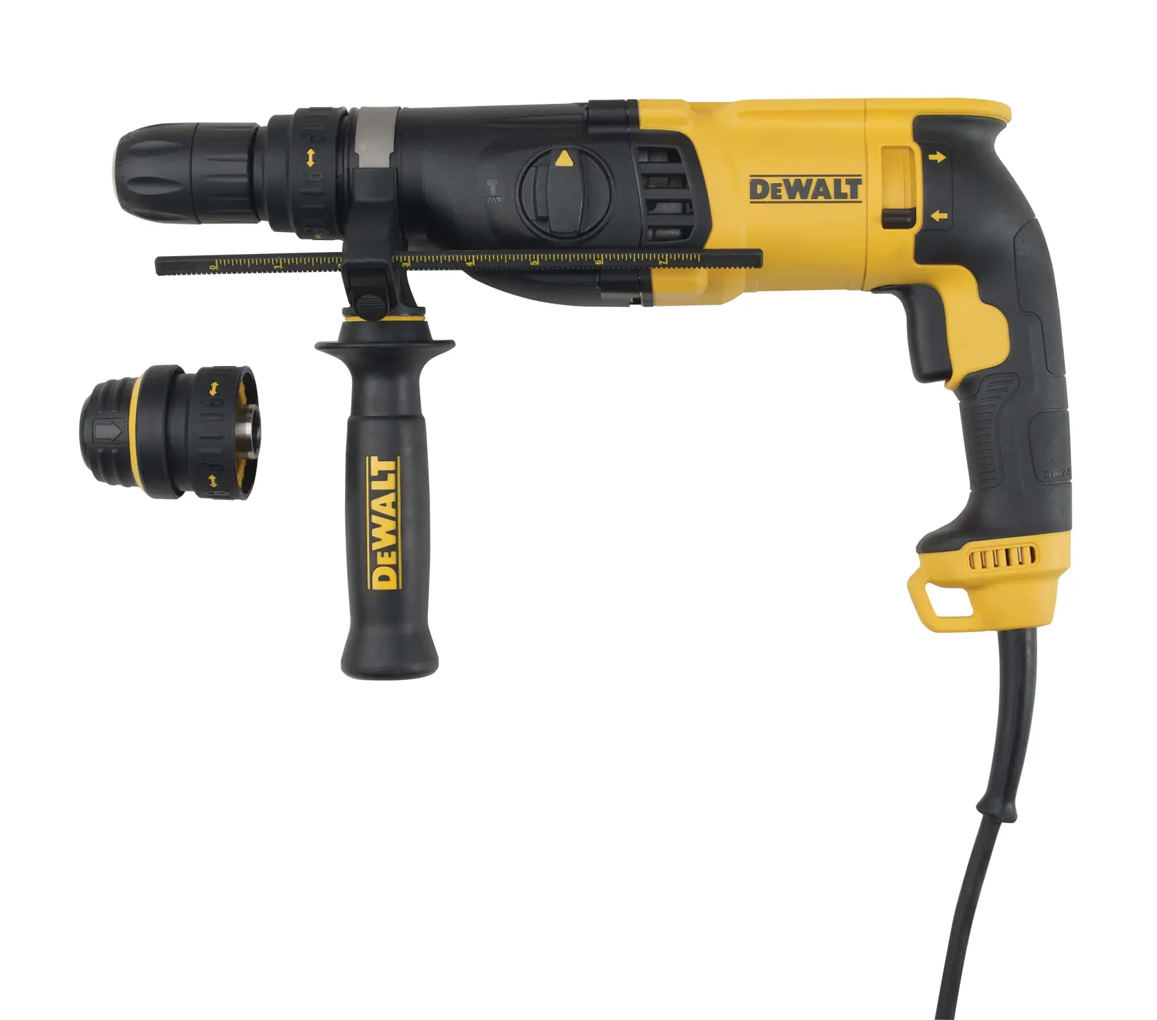 Gelber und schwarzer DEWALT kabelgebundener Bohrhammer mit seitlichem Griff und Tiefenanschlag, abgebildet mit zusätzlichem austauschbarem Bohrfutter-Aufsatz.