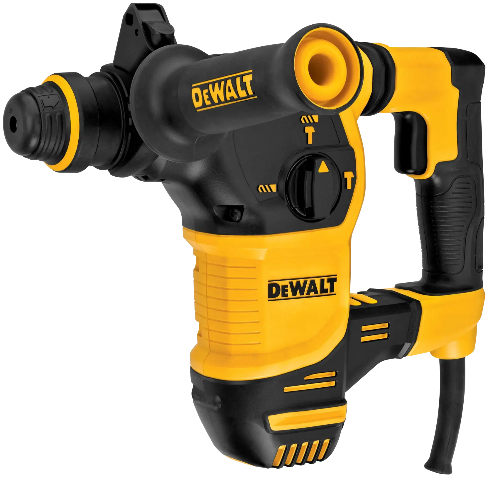 Gelber und schwarzer Drehhammer der Marke DEWALT, Modell D25333K, mit Seitengriff und sichtbaren Einstellmöglichkeiten am Gehäuse.
