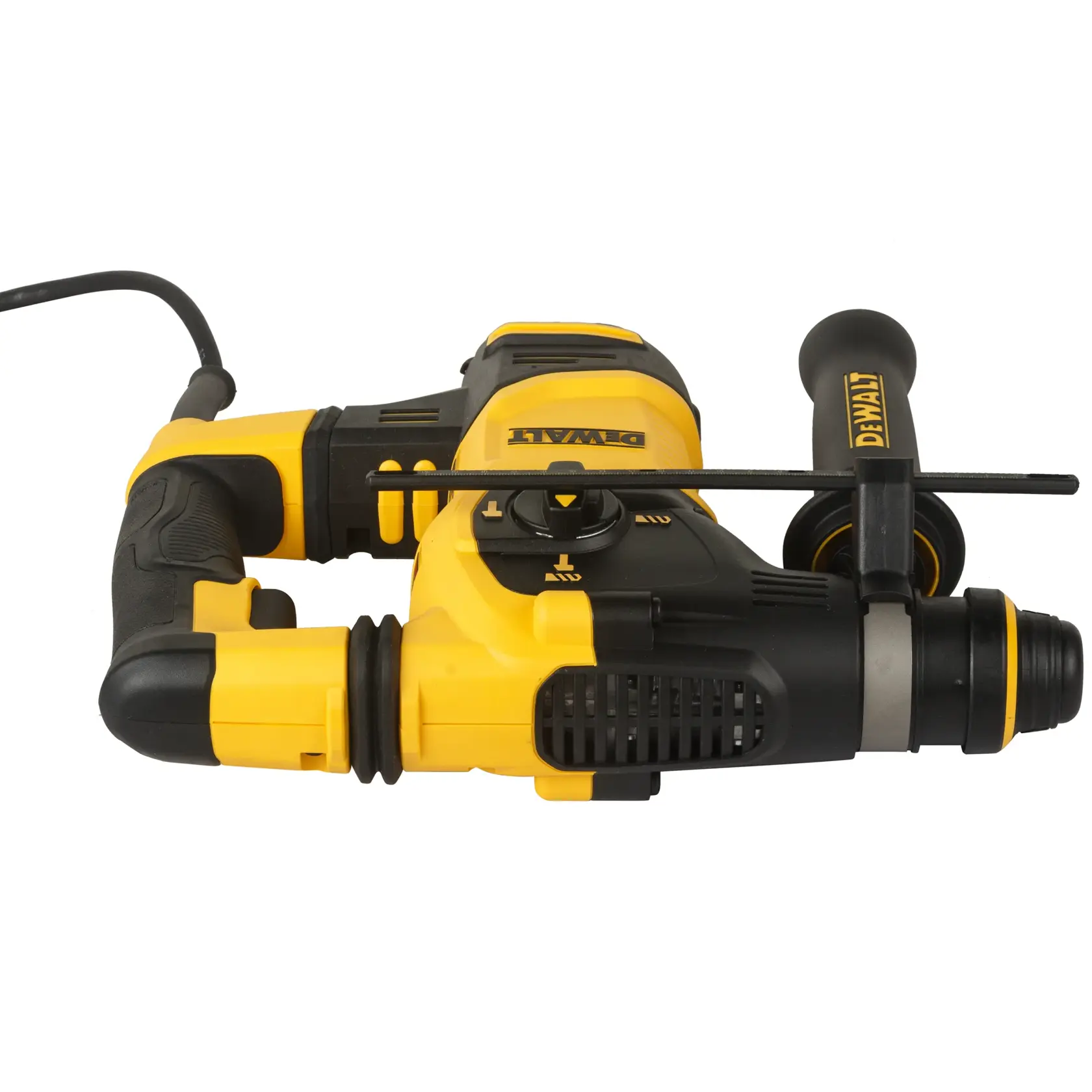 Gelber und schwarzer DEWALT Bohrhammer mit Seitengriff und Kabel, Modell D25333K.