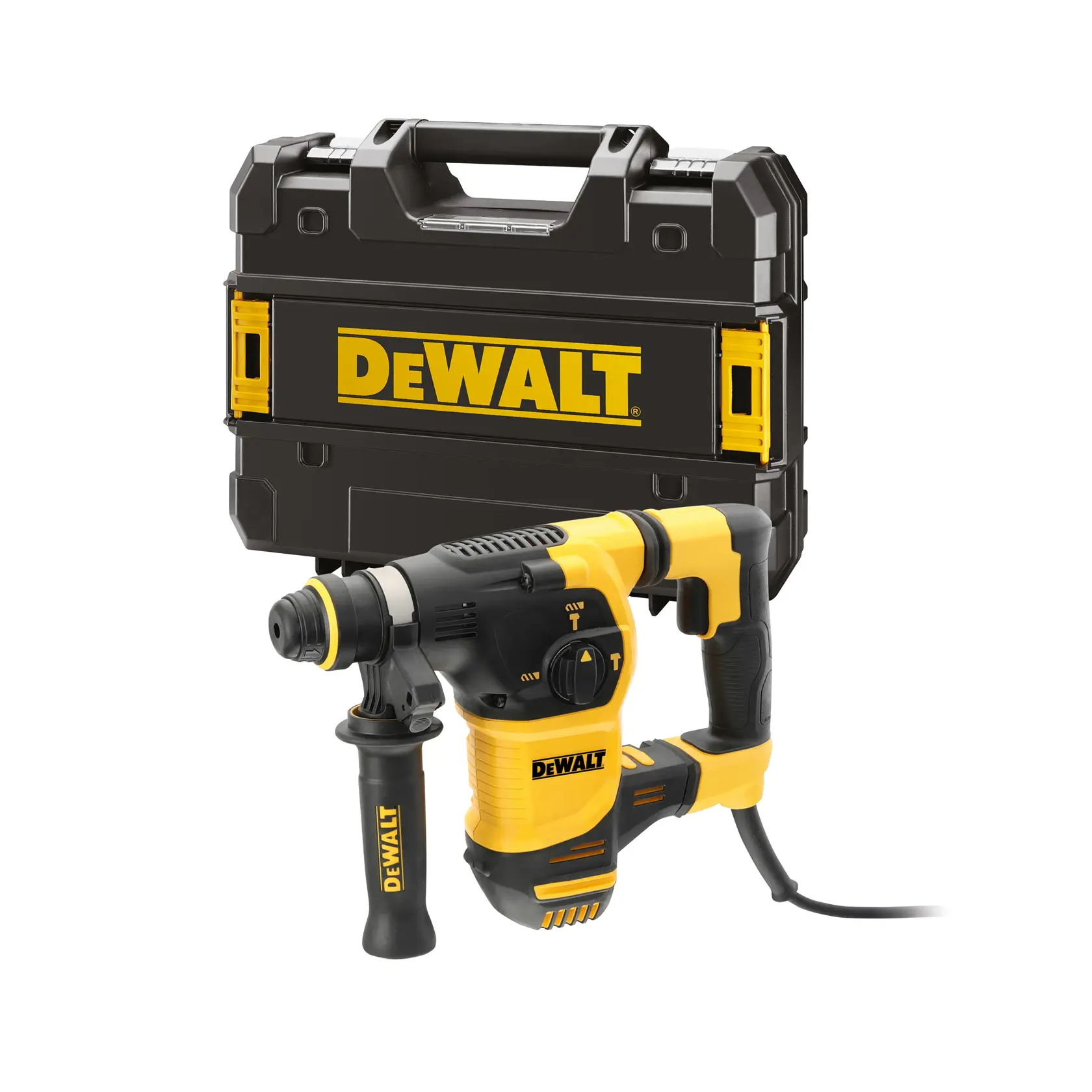 Ein gelber und schwarzer DEWALT-Bohrhammer mit einem Hartschalenkoffer, der das DEWALT-Logo zeigt.