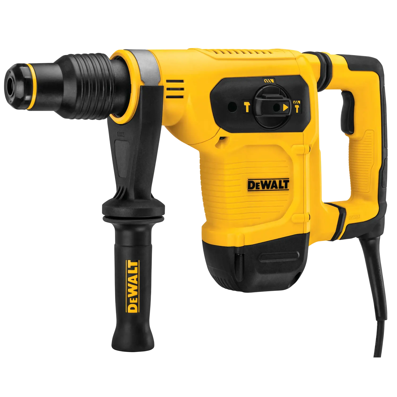 Gelber DEWALT Bohrhammer mit Seitenhandgriff und Kabel, Modell D25481K, für Bau und Fotografie.