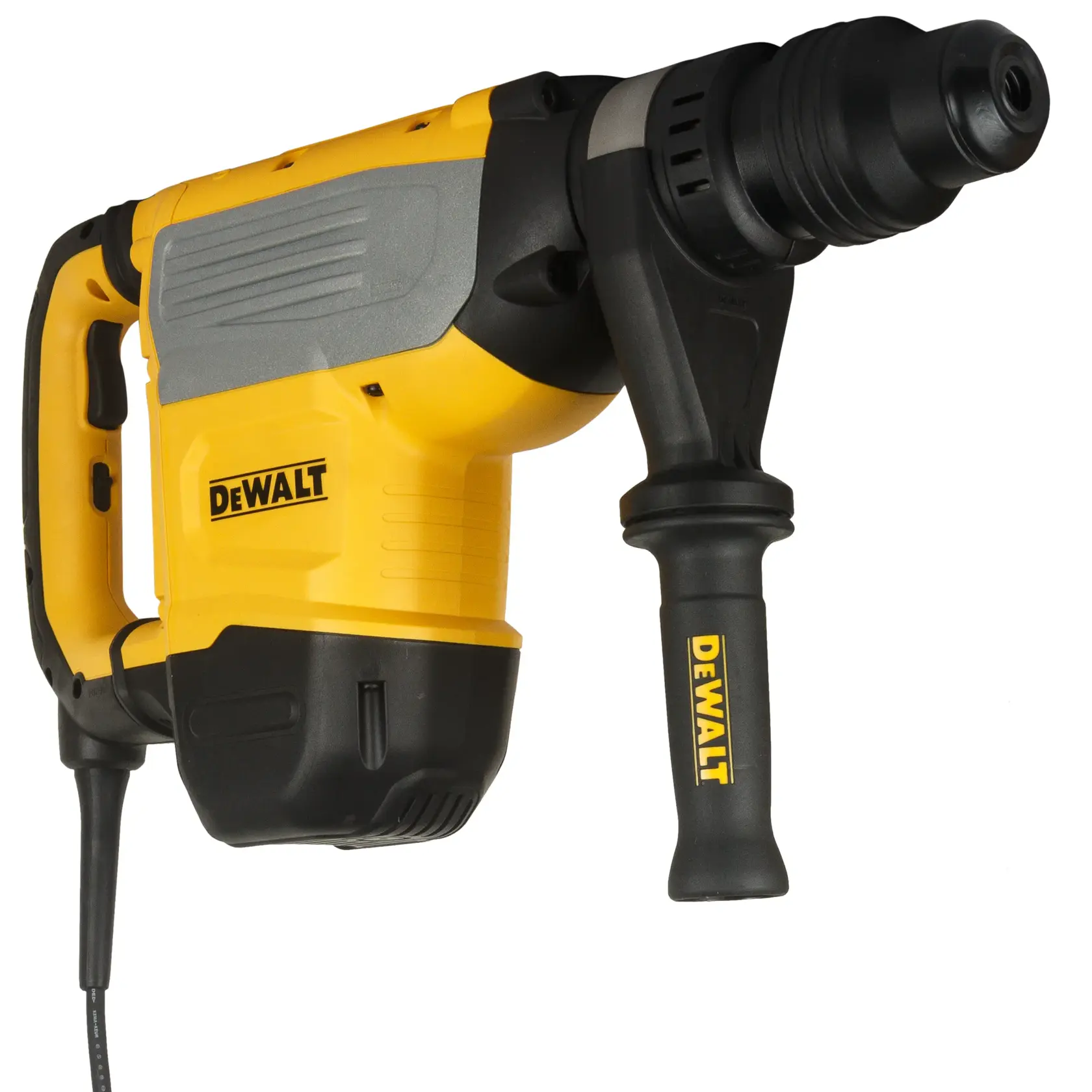 Gelber DEWALT Bohrhammer mit Seitengriff und Kabel, robustes Bauwerkzeug.
