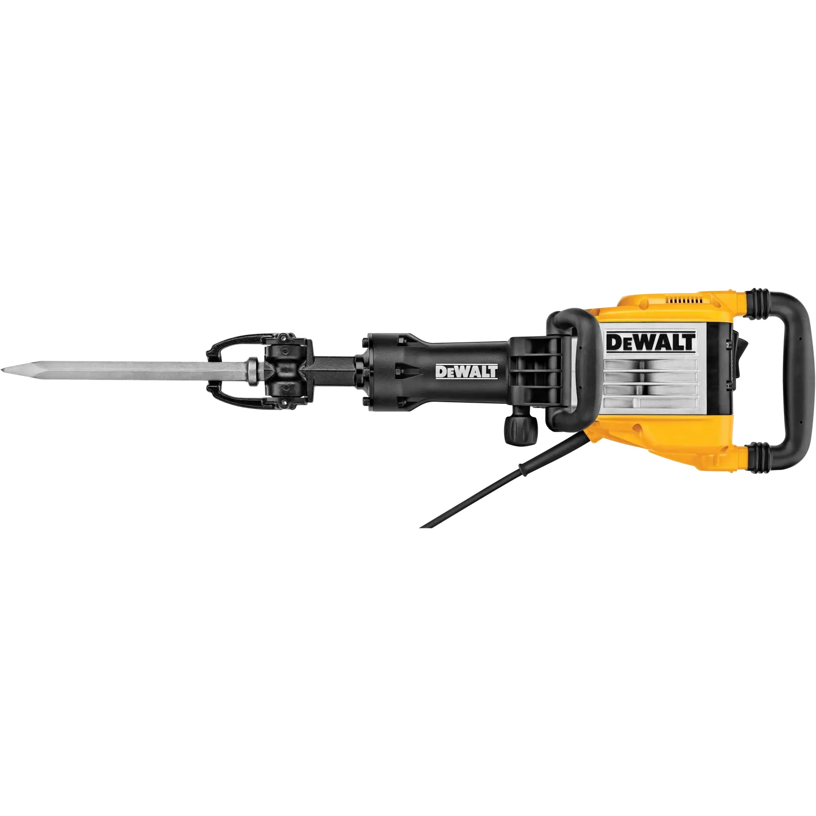 A DEWALT electric demolition hammer with a yellow and black body and a pointed chisel attachment.