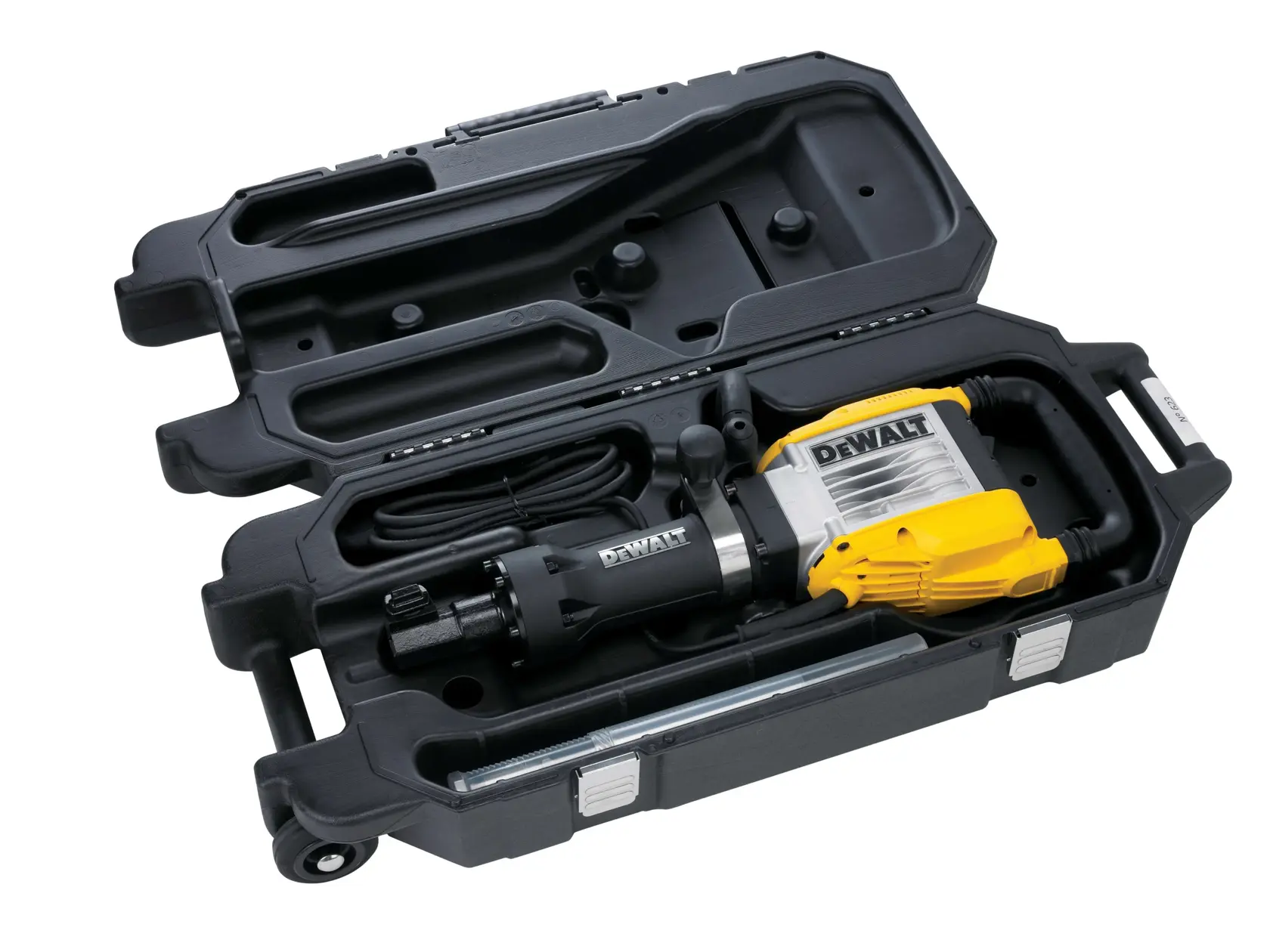 DEWALT demolition hammer with yellow casing in a black carrying case, shown open with storage compartments.