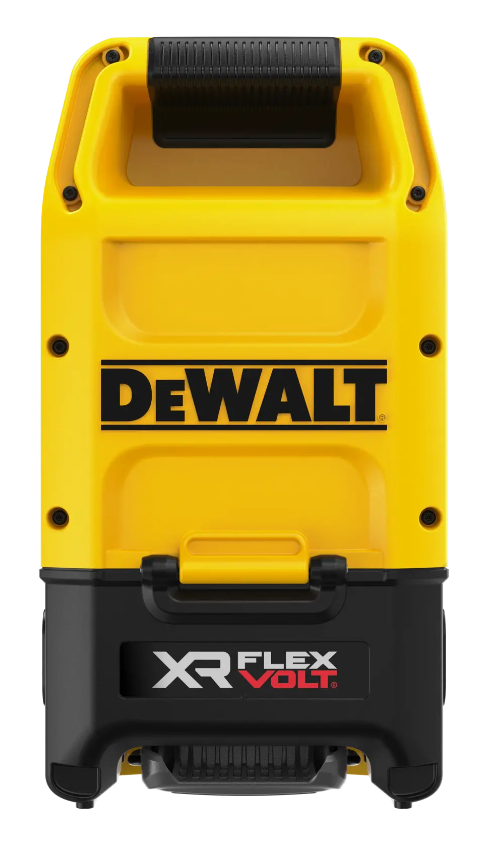 DEWALT XR FLEXVOLT yellow and black portable device with handle, likely for photography or power tools.