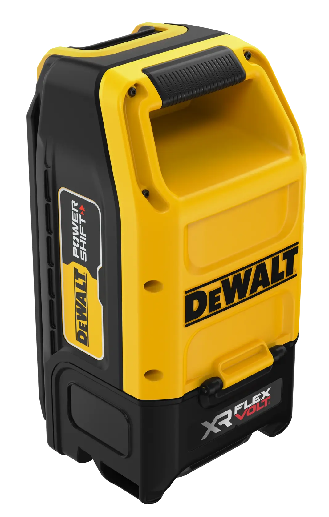 DEWALT Power Shift XR FLEXVOLT portable battery system, yellow and black with handle.