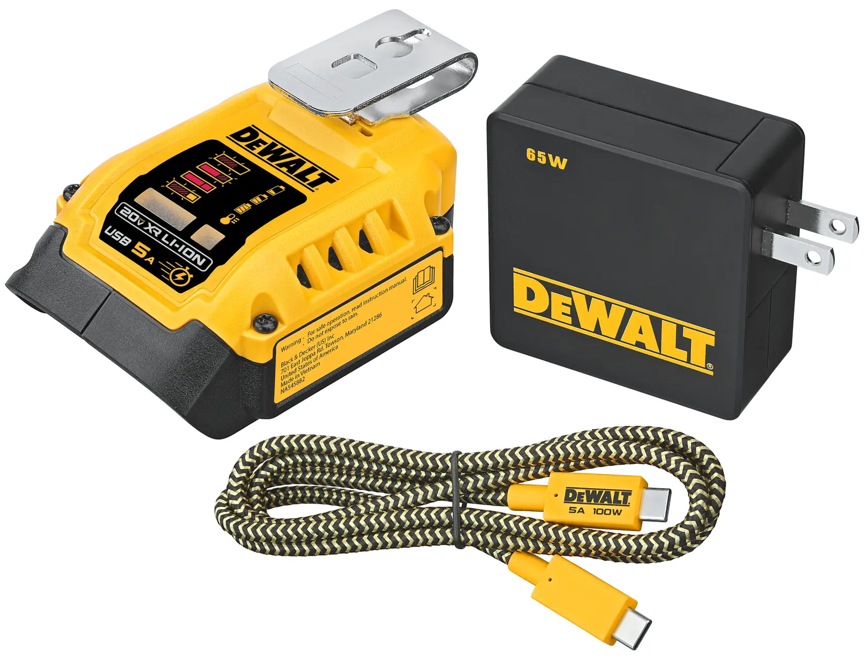 DEWALT DCB094K charger kit with yellow USB adapter, 65W wall plug, and braided USB-C cable, front angle.