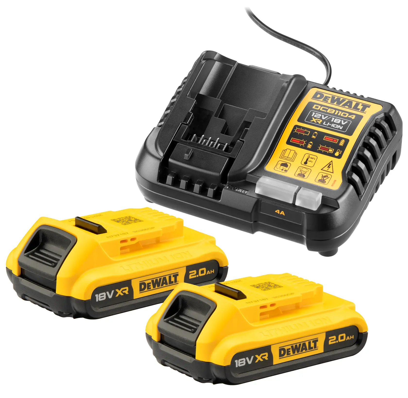DEWALT charger DCB1104D2 and two 18V XR lithium-ion 2.0Ah batteries with yellow and black design.