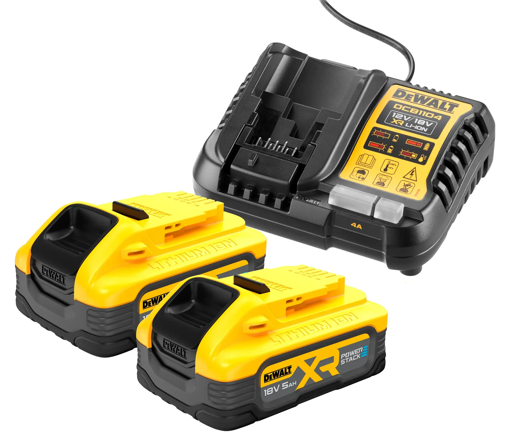 DEWALT DCB1104H2 set including a battery charger and two yellow 18V XR lithium-ion POWERSTACK batteries.