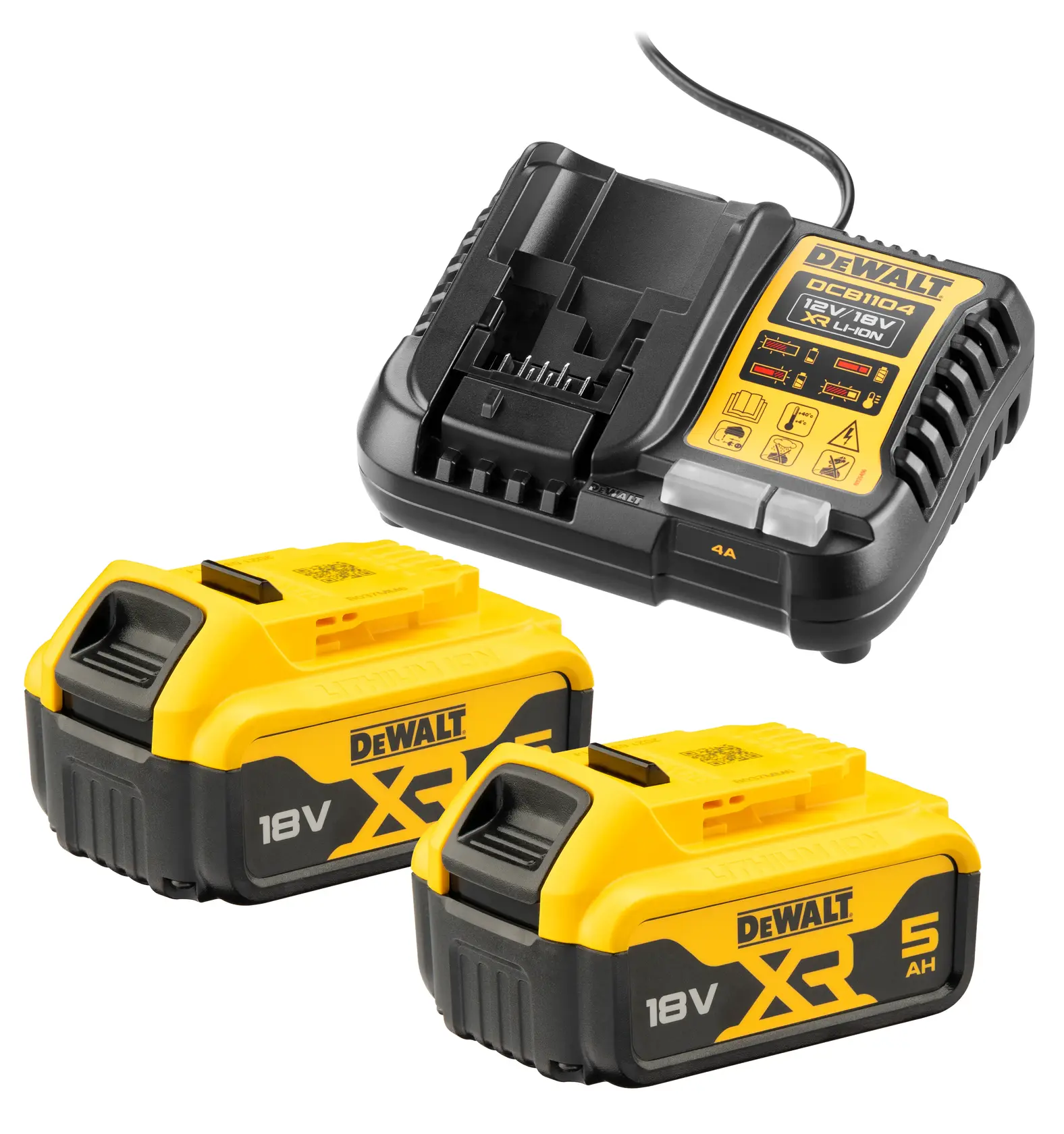 DEWALT battery charger with two 18V XR lithium-ion batteries, each 5Ah, shown on white background.