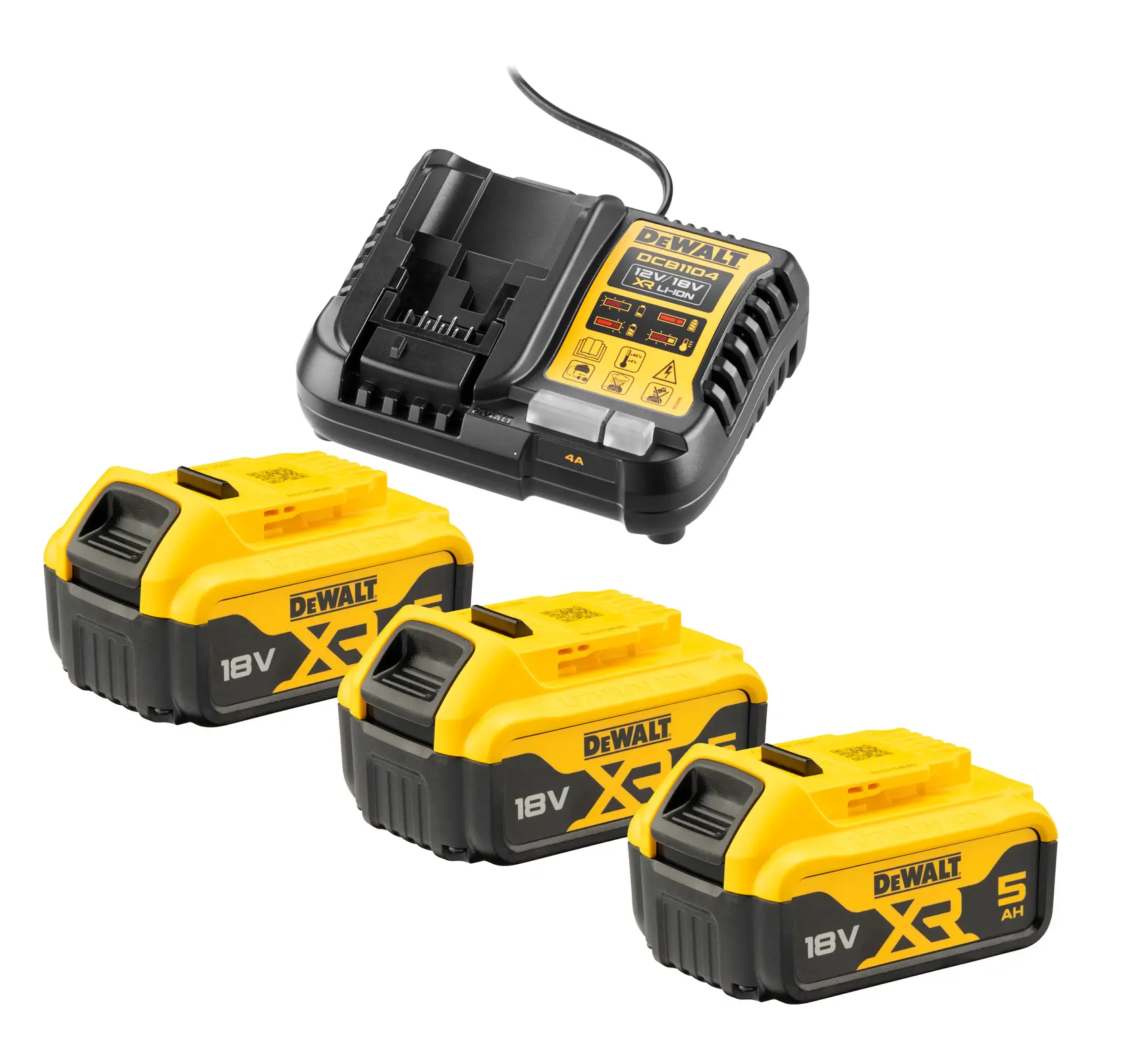 DEWALT set with three 18V XR batteries and a charger, suitable for cordless tools.