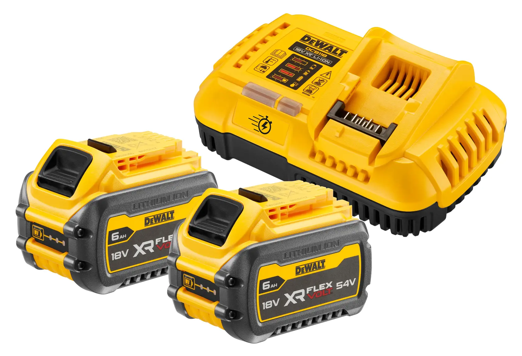 A DEWALT battery charger kit with two yellow and black lithium-ion batteries (XR FLEXVOLT 18V/54V 5.0Ah) and a matching yellow battery charger.