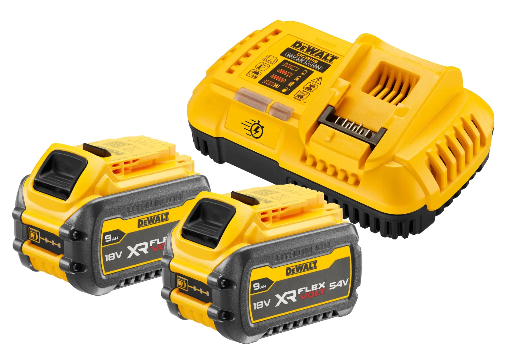DEWALT product set including two XR FLEXVOLT lithium-ion batteries and a yellow battery charger. The batteries are labeled as 18V and 54V with 9 Ah capacity. The charger features DEWALT branding and multiple indicator lights.