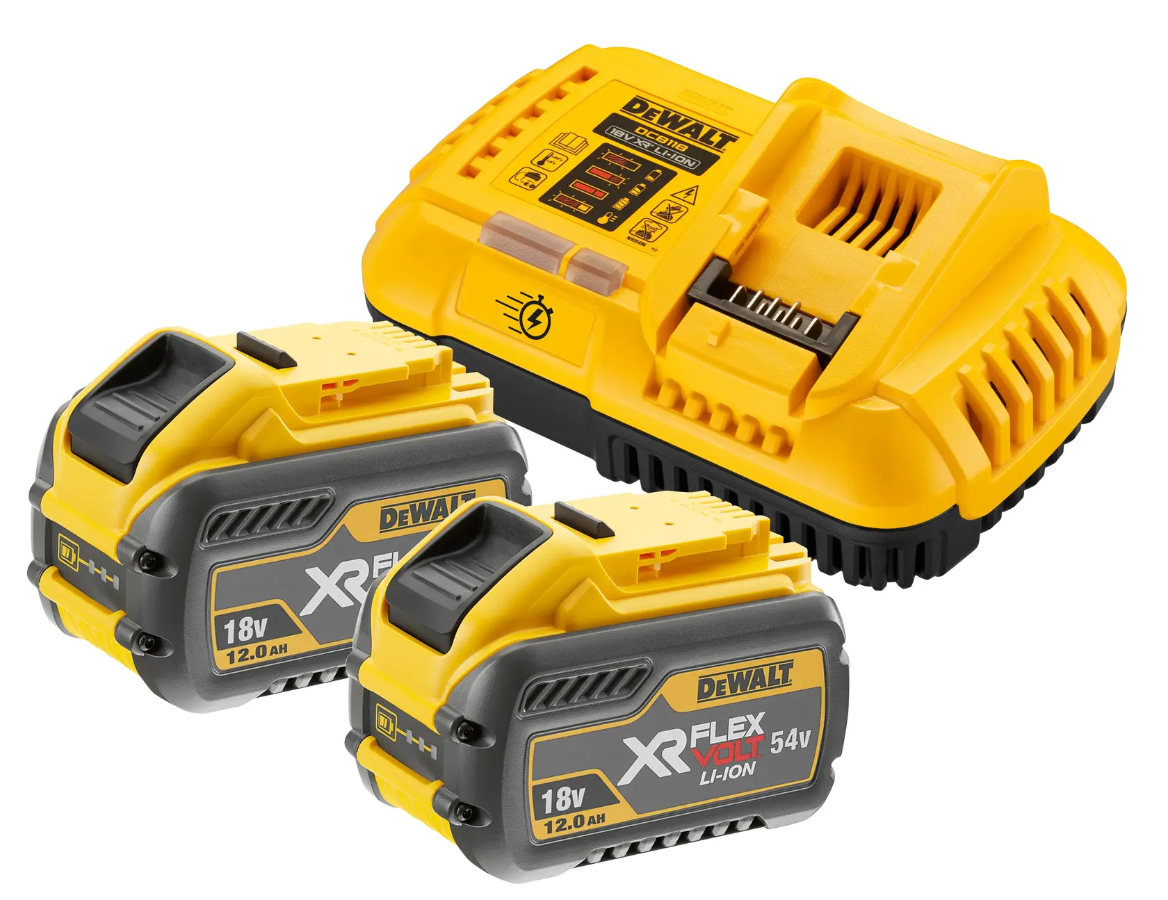 DEWALT battery charging kit including one yellow and black battery charger and two XR FLEXVOLT lithium-ion batteries with 18V and 54V markings.