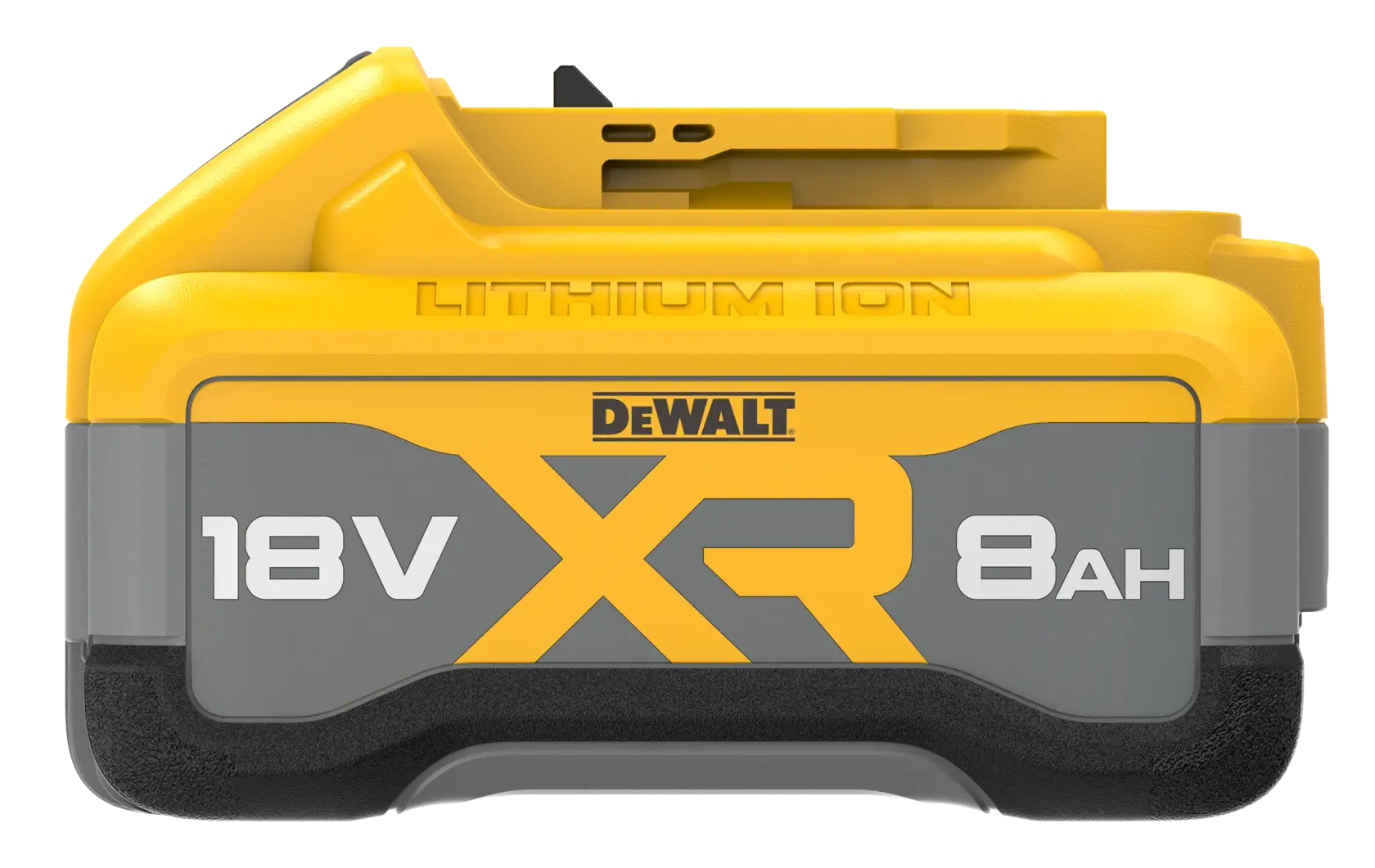 DEWALT 18V XR 8Ah lithium-ion battery for power tools, yellow and grey, front view.
