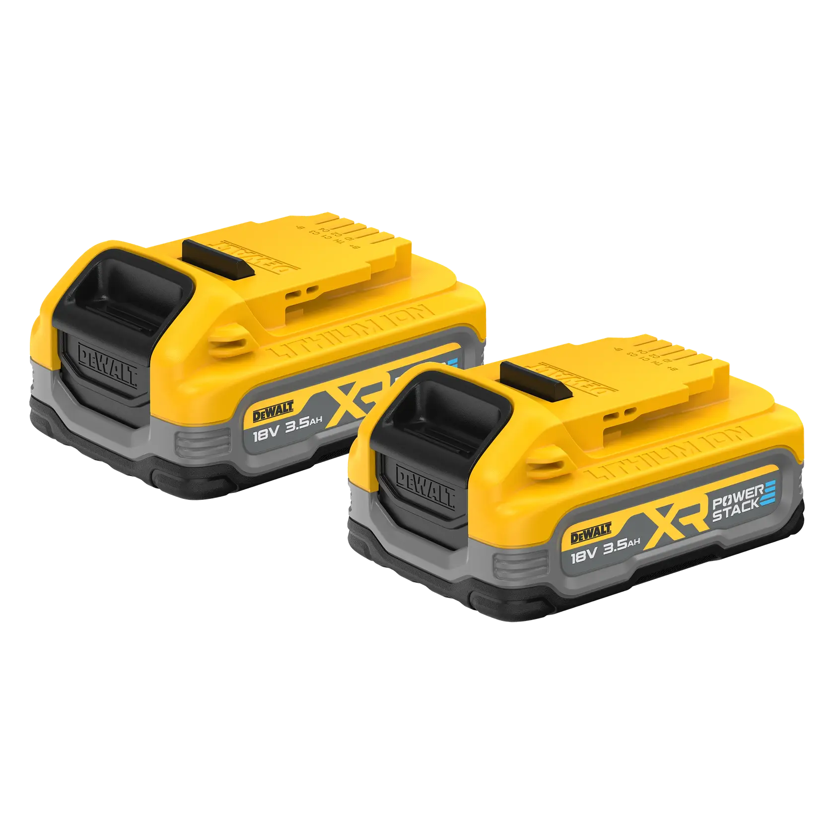 Two DEWALT XR POWERSTACK 18V 3.5Ah lithium-ion batteries with a yellow and black design, shown side by side.