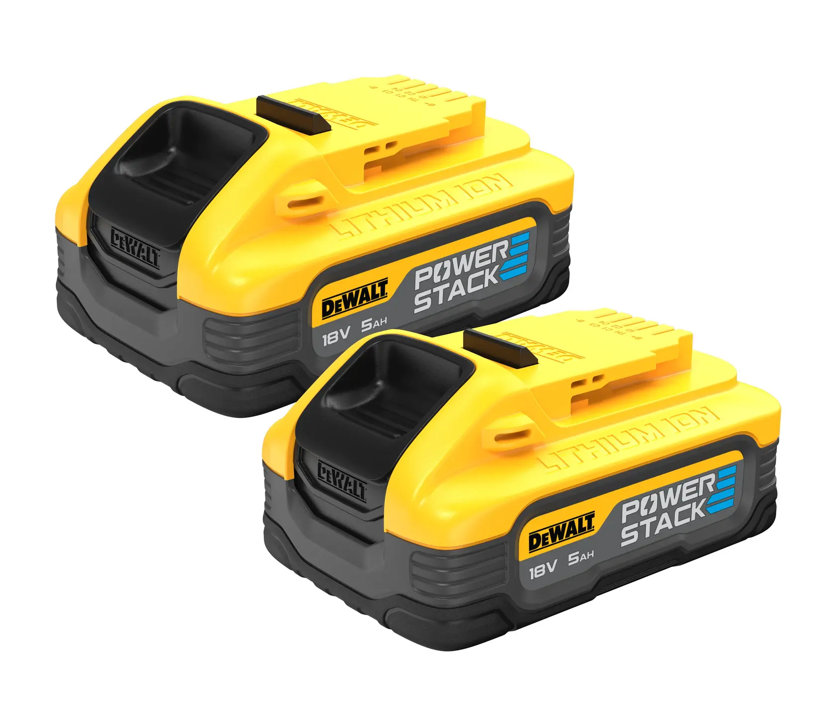 Two DEWALT PowerStack 18V 5Ah lithium-ion batteries for power tools, shown side by side.