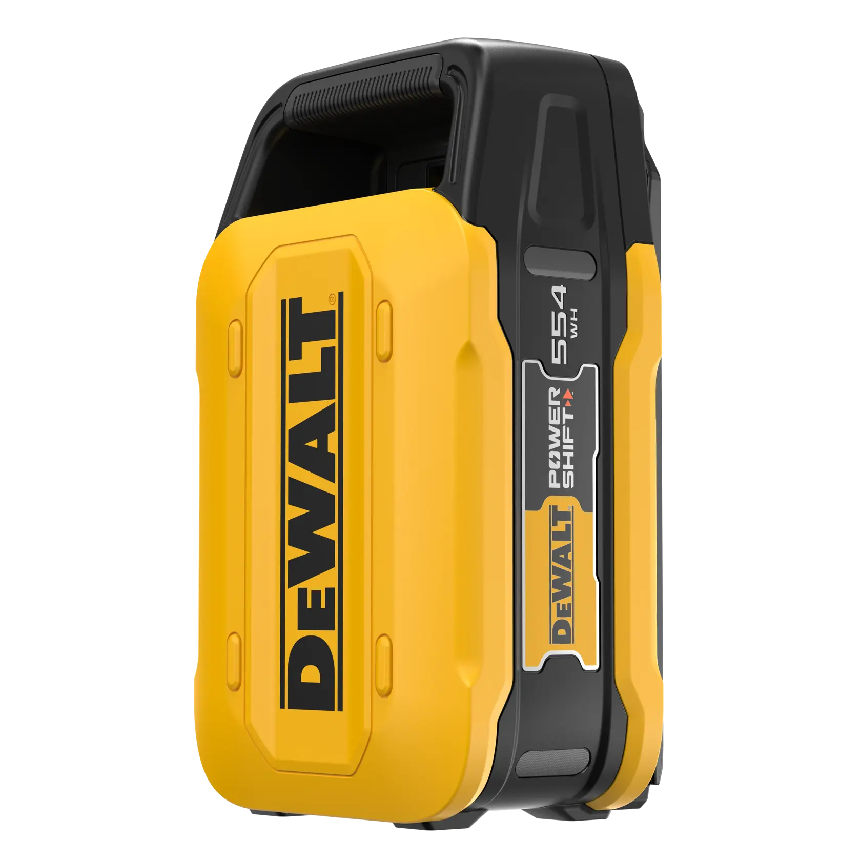 Persona llevando batería DEWALT DCBPS0554 en obra, con equipo de seguridad y botas de trabajo.