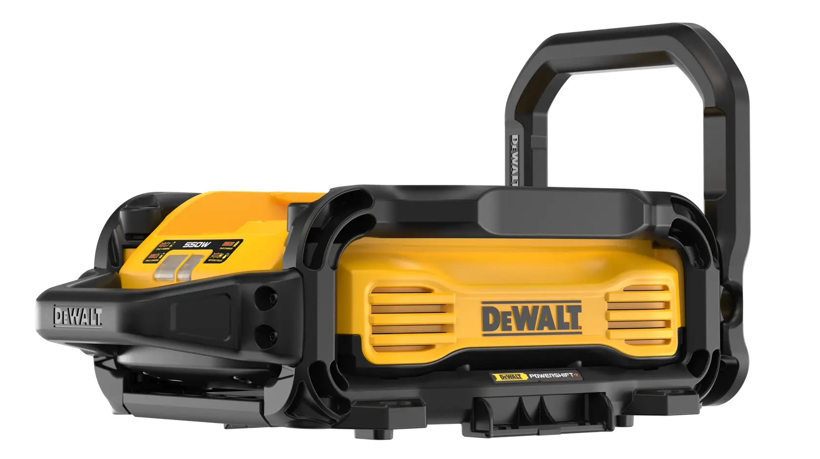 Dispositivo portátil DEWALT amarillo y negro con asa, mostrado de lado. Diseño robusto e industrial.