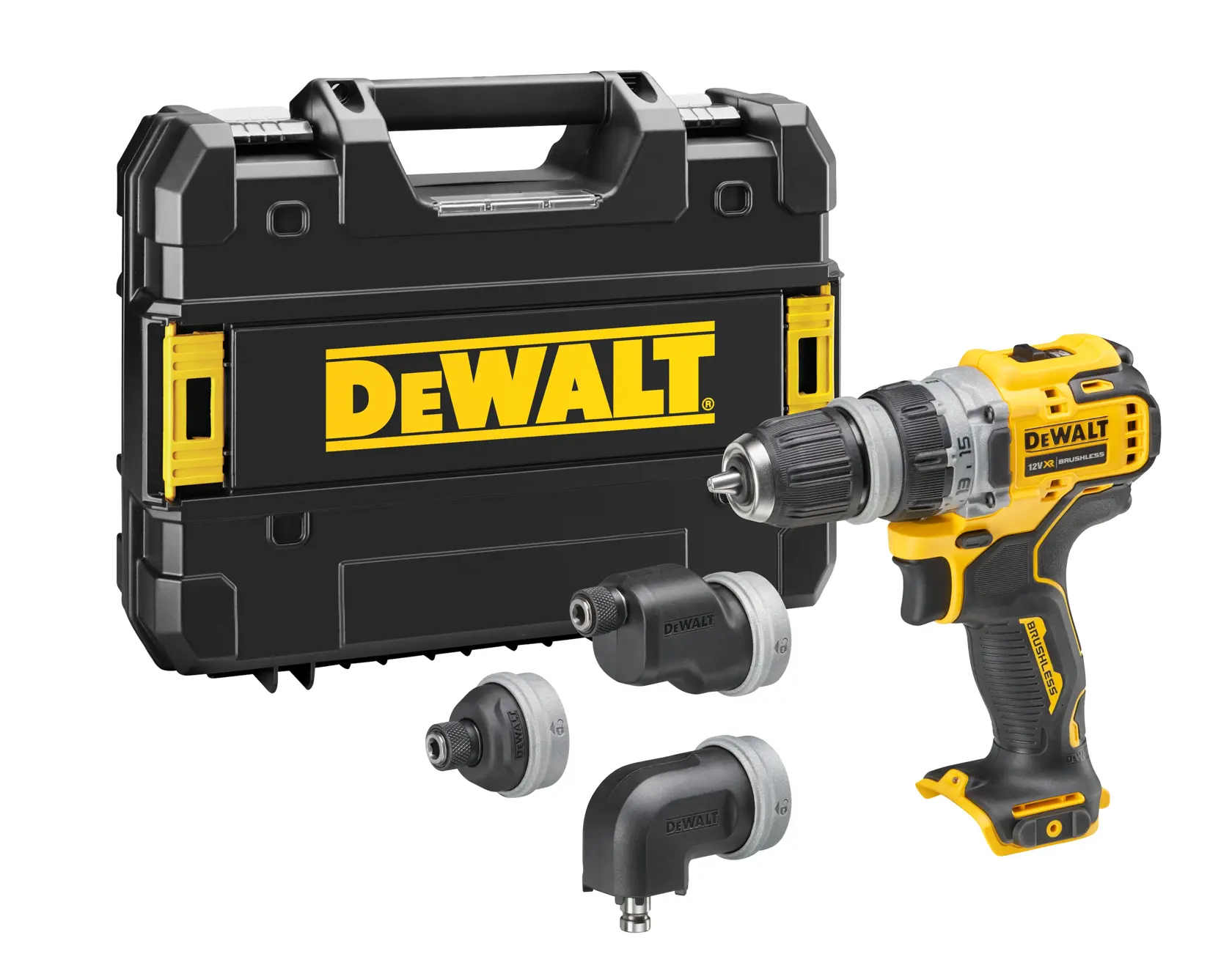 DEWALT cordless drill driver, yellow and black, ergonomic grip, brushless design, battery not included.