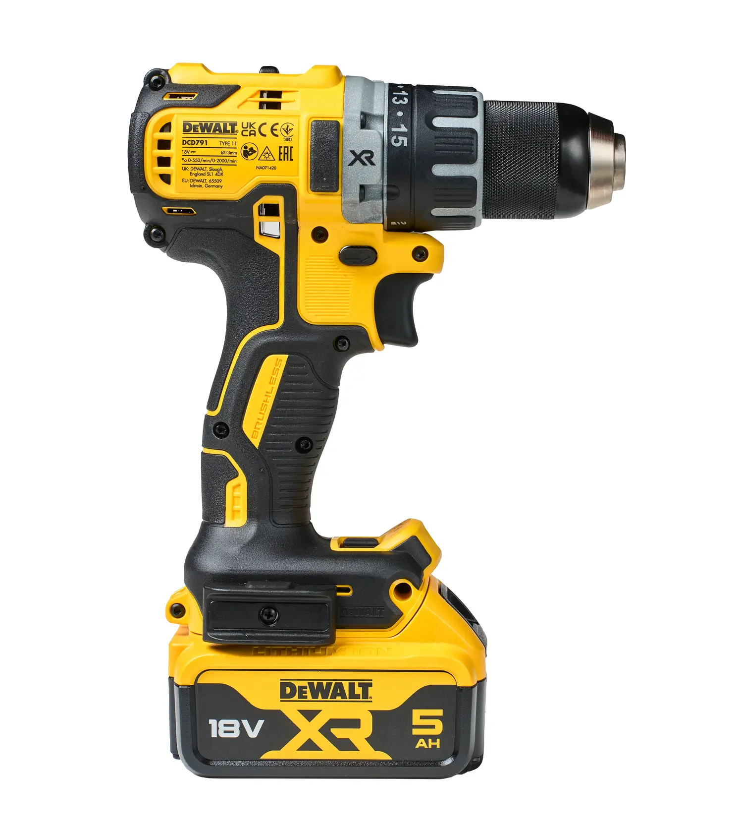 DEWALT DCD791P2 18V XR cordless drill with 5 Ah battery, yellow and black, side view.