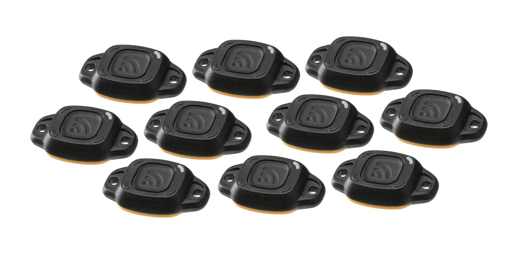 Set of ten DEWALT black tool trackers, oval shape, shown on a white background.