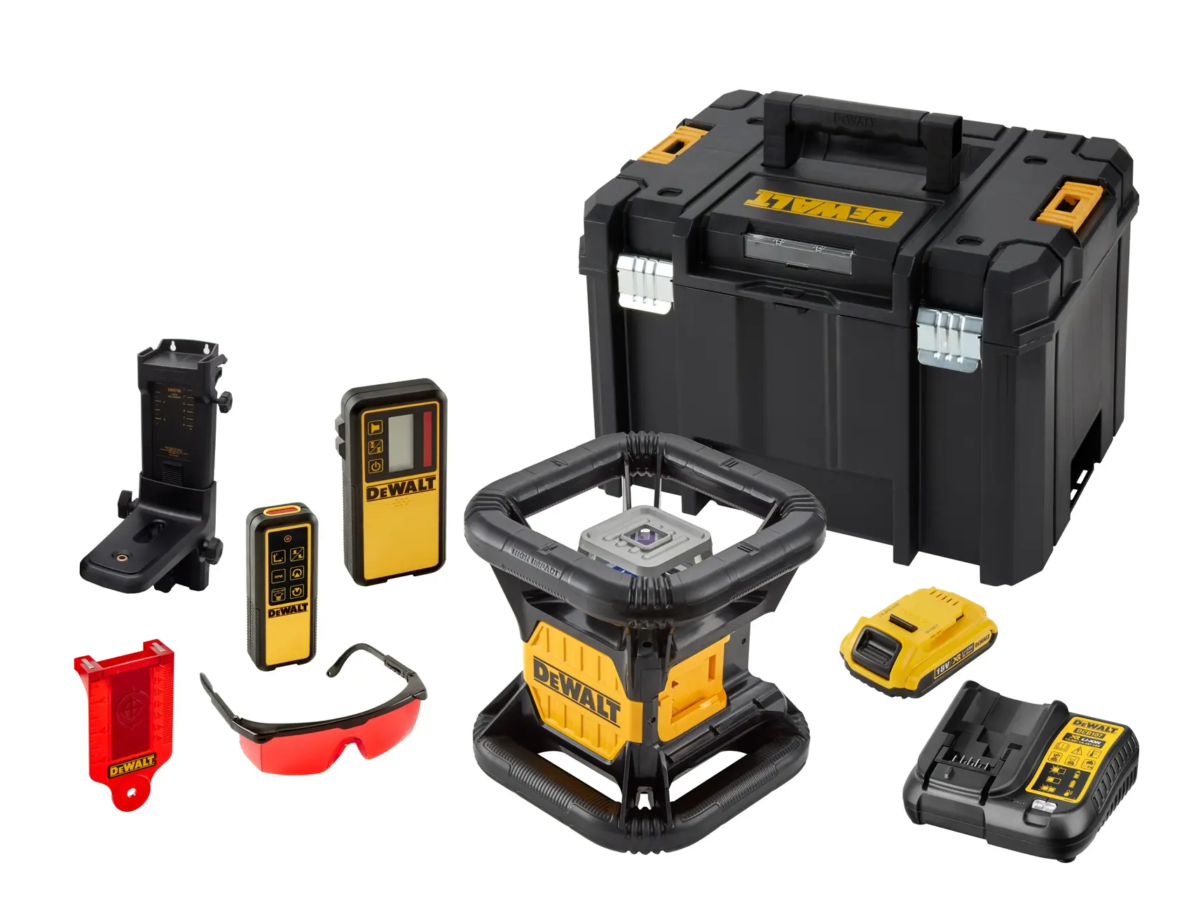 DEWALT laser level kit including a rugged rotary laser, various accessories such as a laser receiver, remote control, mounting bracket, red laser glasses, target card, charger, battery, and a sturdy black storage case with yellow accents, all arranged on a white background.