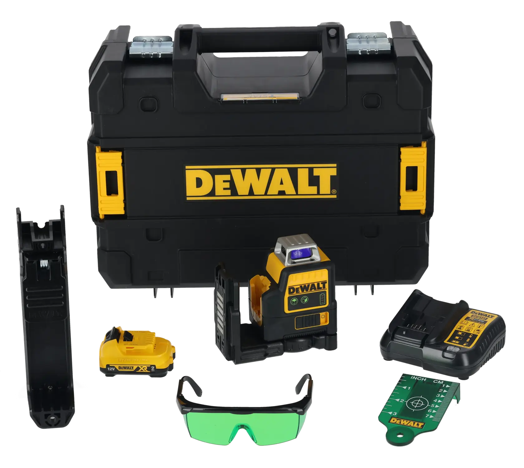 DEWALT professional photography tool kit including a black and yellow carrying case, a laser level device, battery pack, charger, wall mount, green safety glasses, and measuring card, all displayed on a white background.