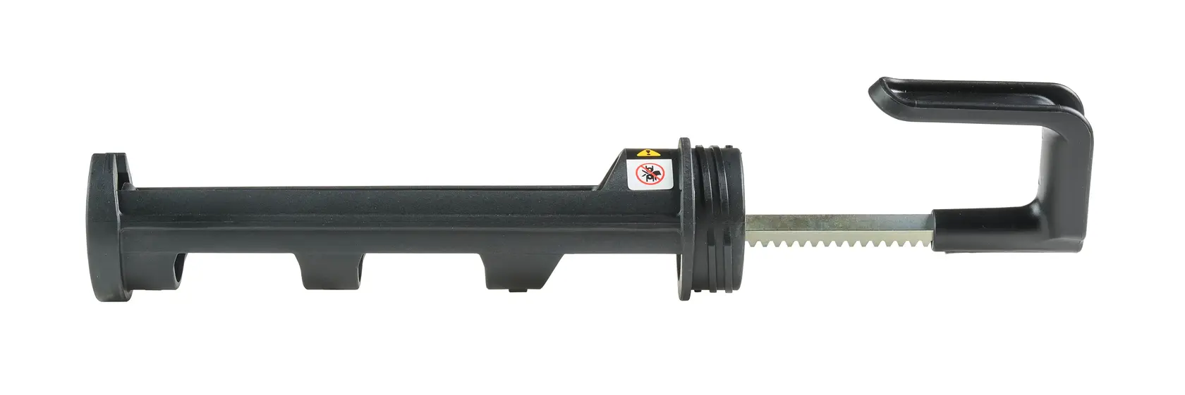 Black DEWALT caulking gun accessory with serrated metal rod and hook, shown on a white background.