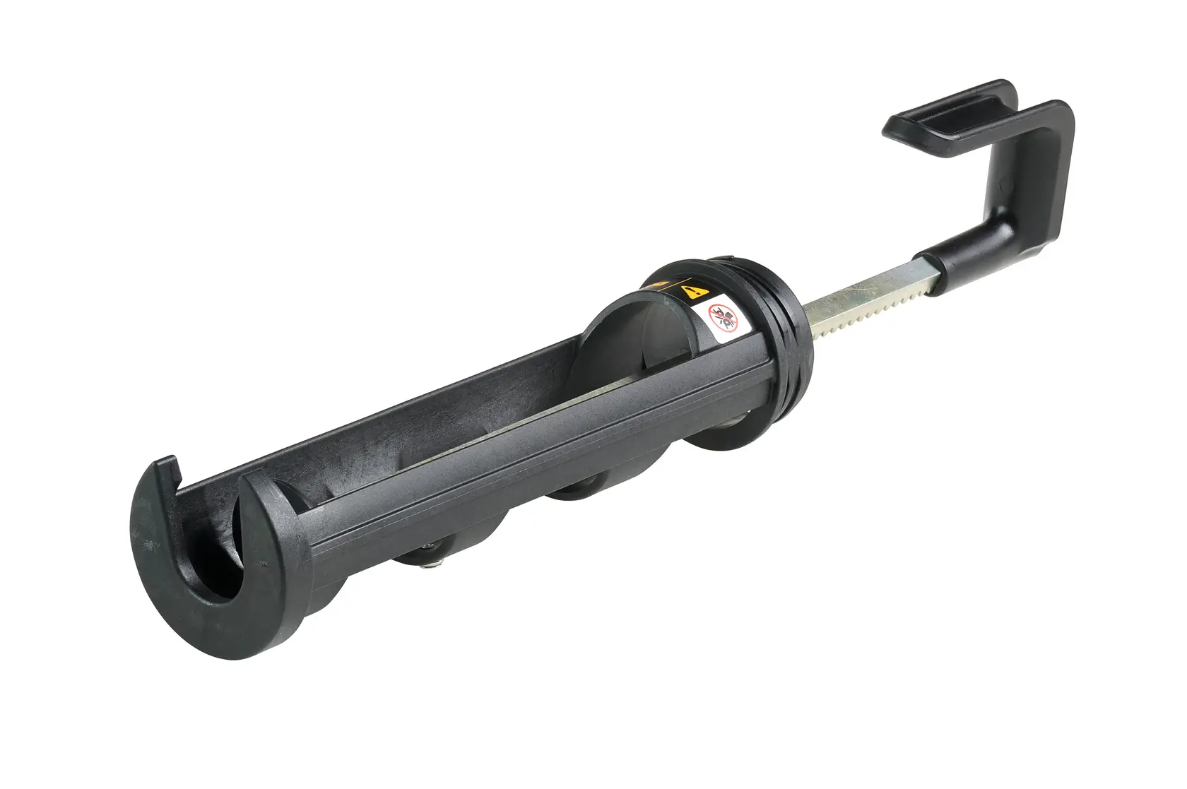 Black DEWALT caulking gun holder accessory, designed for secure tube placement during application.