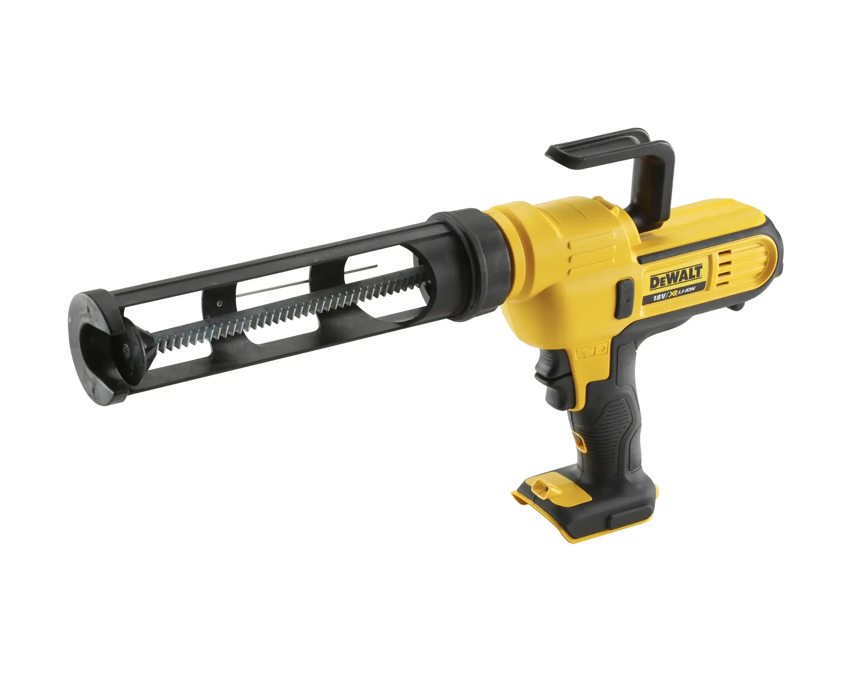Photo of DEWALT cordless caulking gun, yellow and black, SKUs DCE560N, DCE560N-XJ, side angle, on white background.