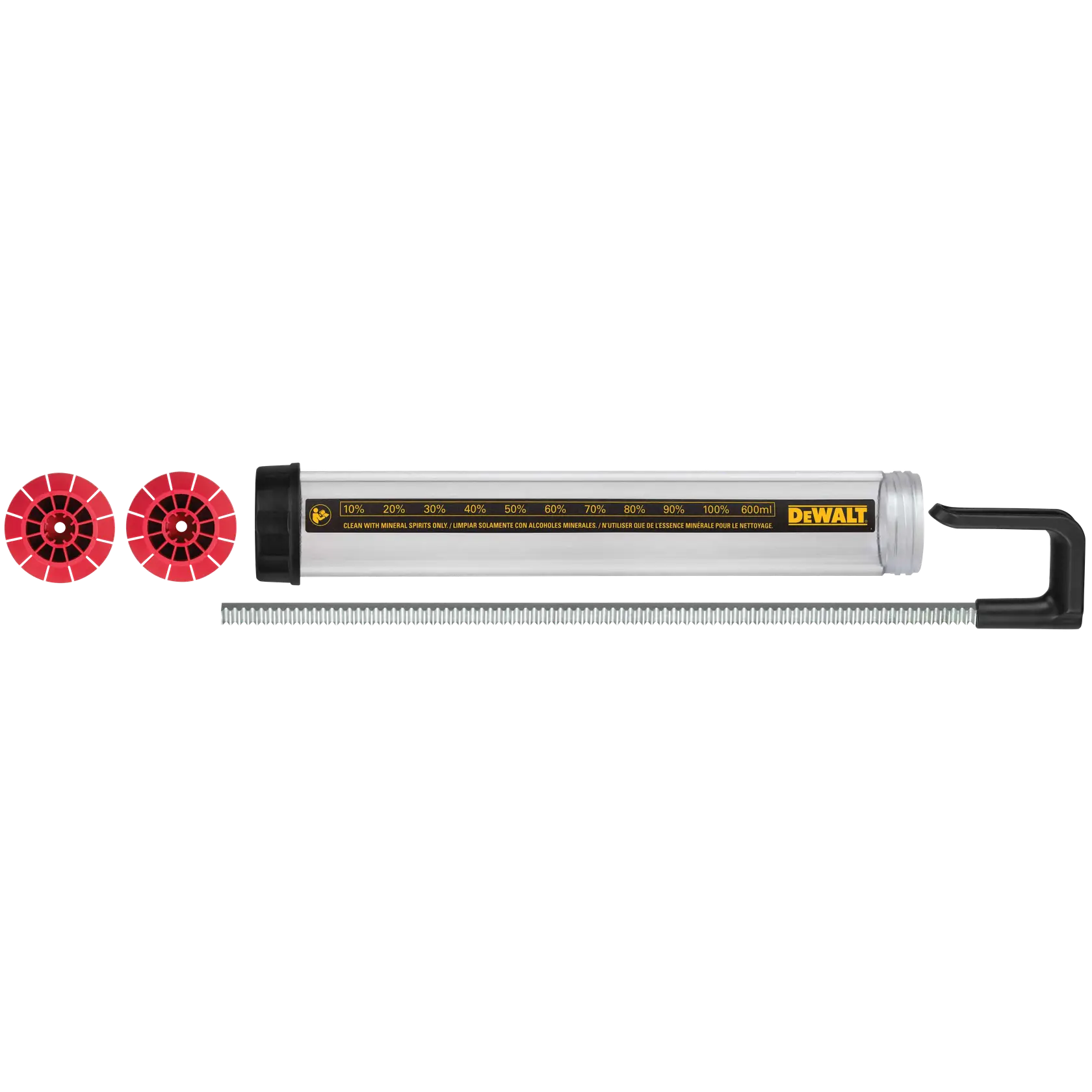 DEWALT caulking tube set with handle, 2 red caps, DCE5801-XJ, DCE5801, product photography, white background.