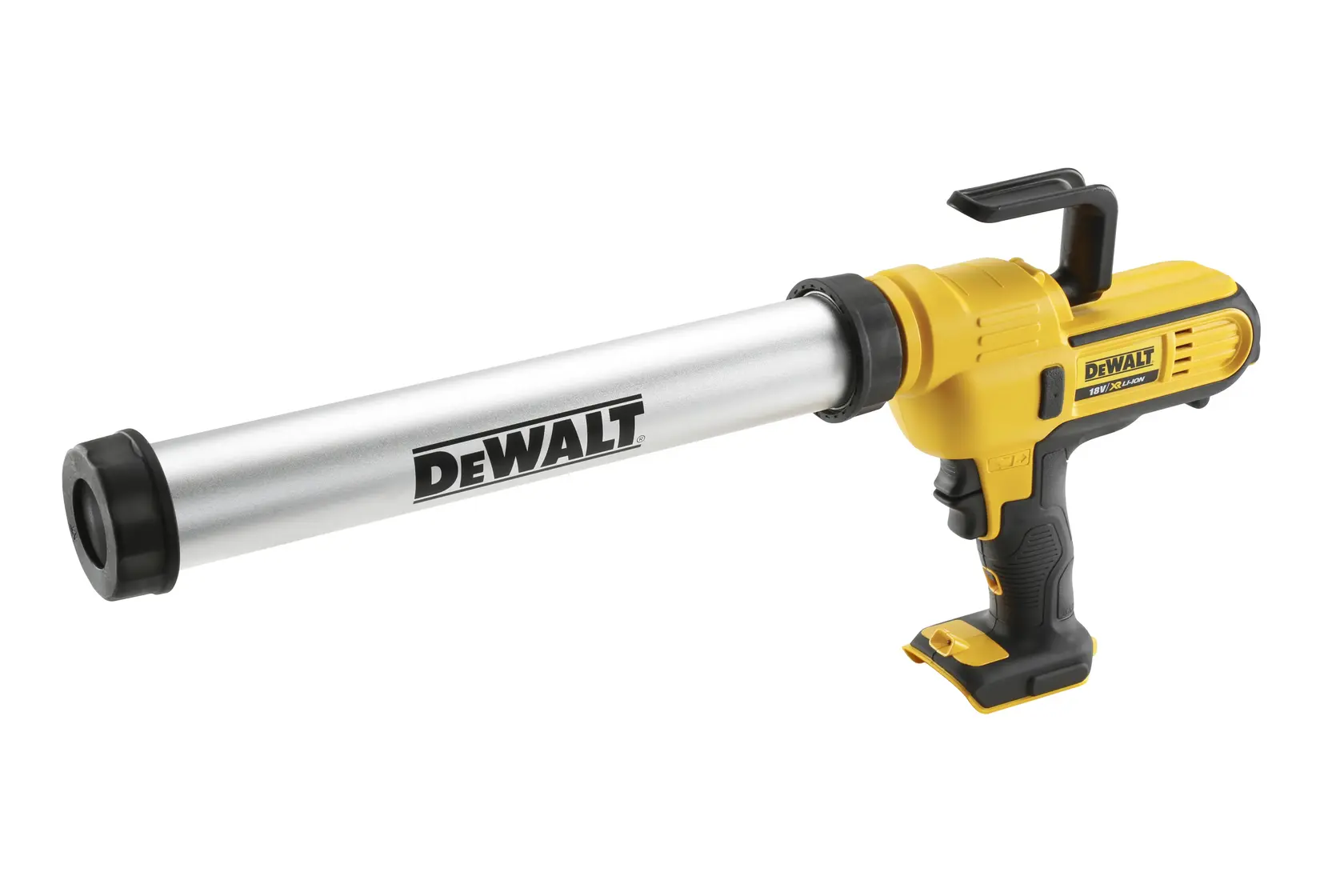 A DEWALT cordless caulking gun with a yellow and black handle and a long silver barrel, shown against a white background.