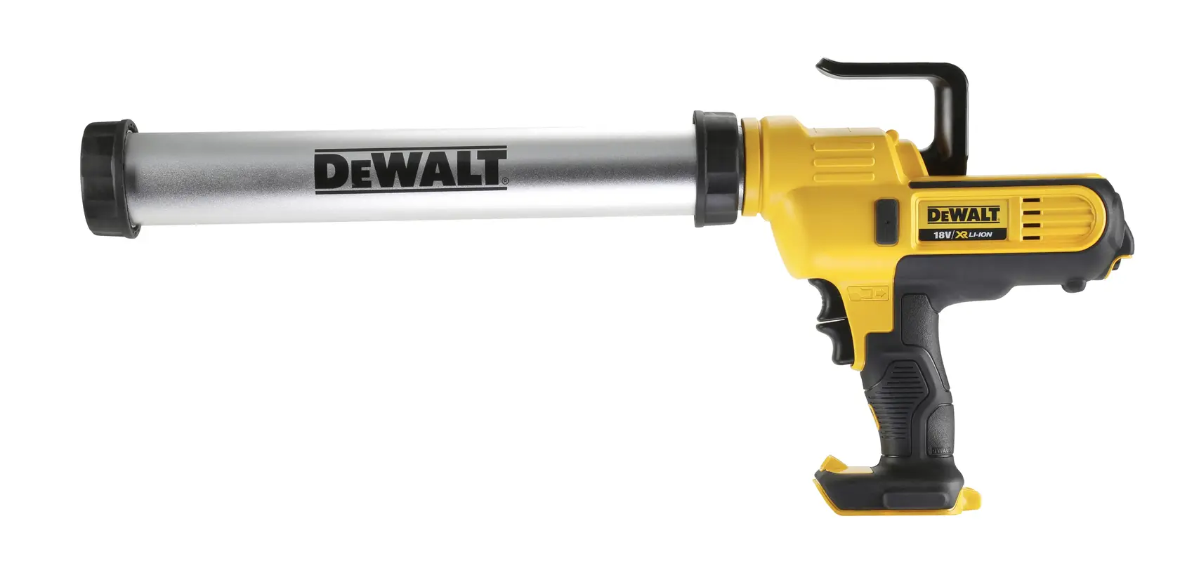 DEWALT DCE580N cordless caulking gun with a yellow and black handle and a silver tube, designed for dispensing sealant or adhesive.