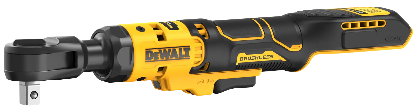 DEWALT cordless brushless ratchet tool with a black and yellow design, showing a side profile view.
