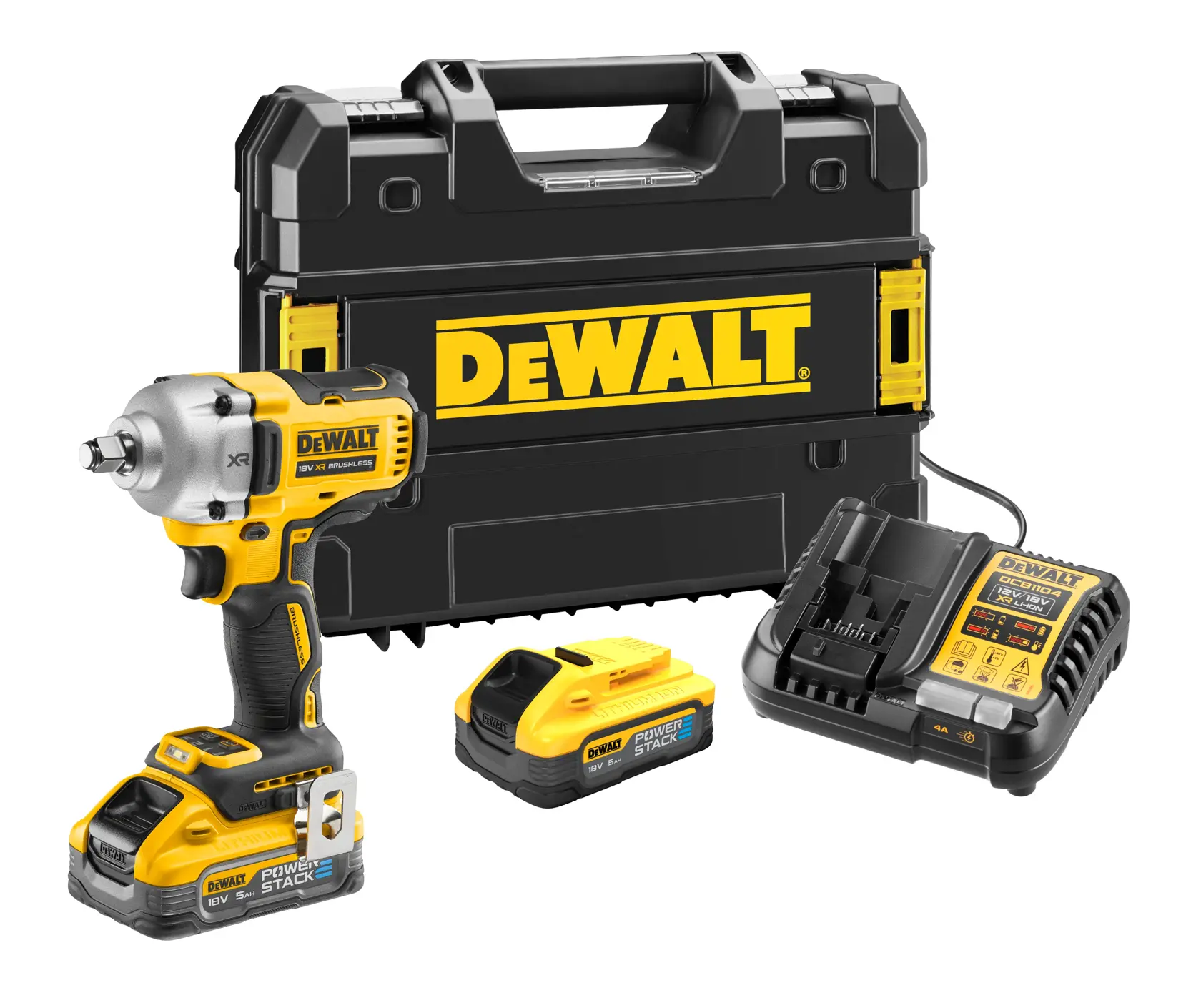 A DEWALT cordless impact wrench kit including the impact wrench tool, a carrying case, two POWERSTACK 18V batteries, and a battery charger, all displayed together on a white background.
