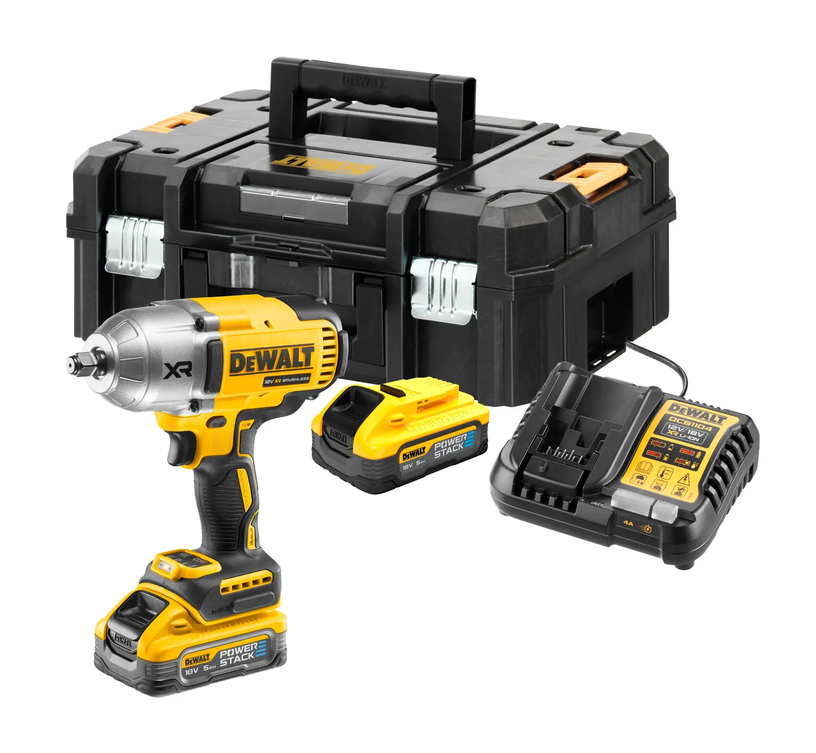 DEWALT impact wrench kit with tool box, two batteries, and charger.
