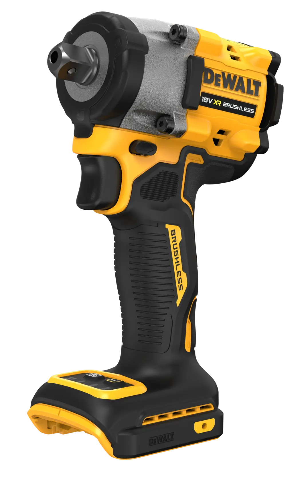 A DEWALT cordless 18V XR brushless impact wrench with a yellow and black ergonomic design, shown without the battery attached.