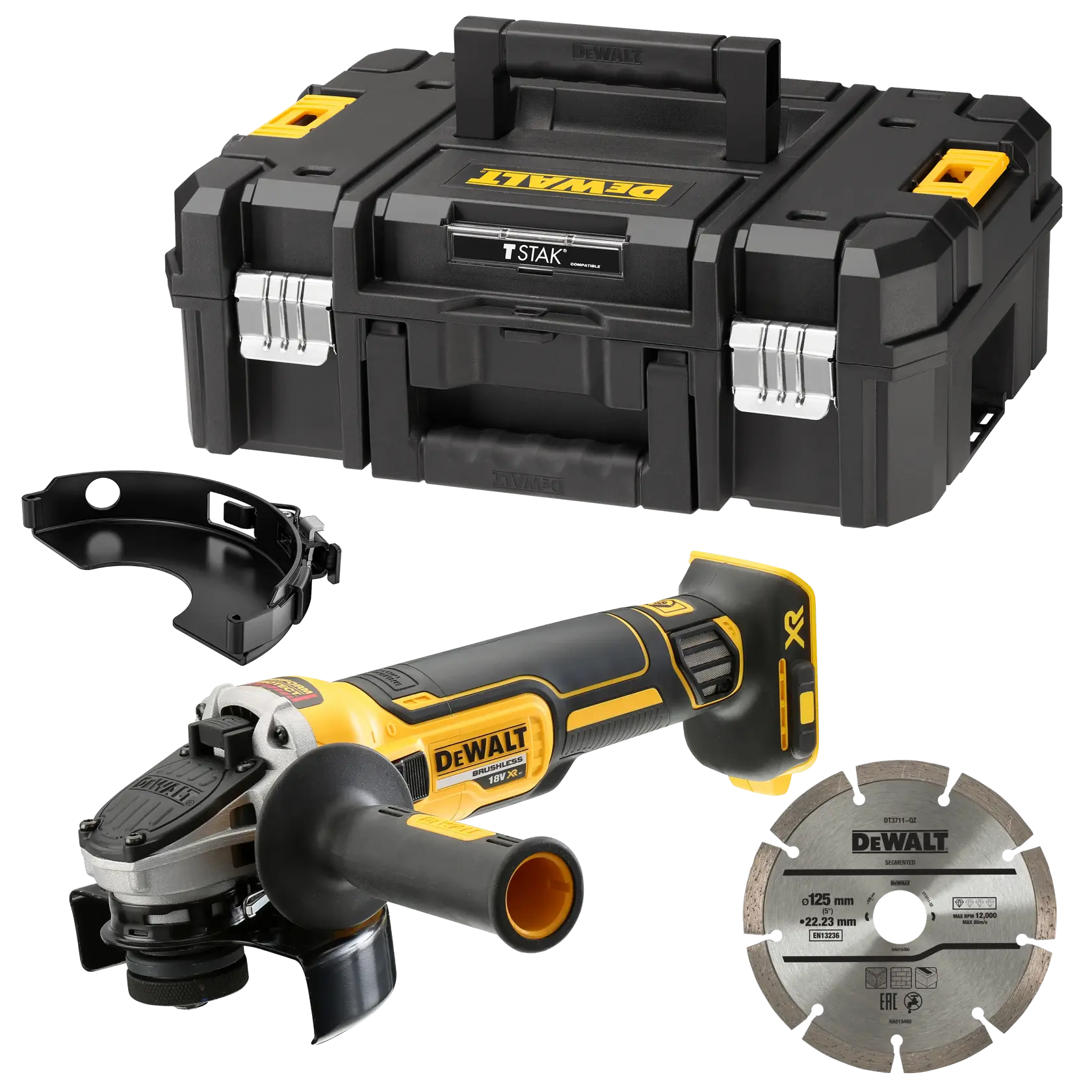 DEWALT DT3711, DCG405N kit with grinder, blade, guard, and storage box. Photography product image.