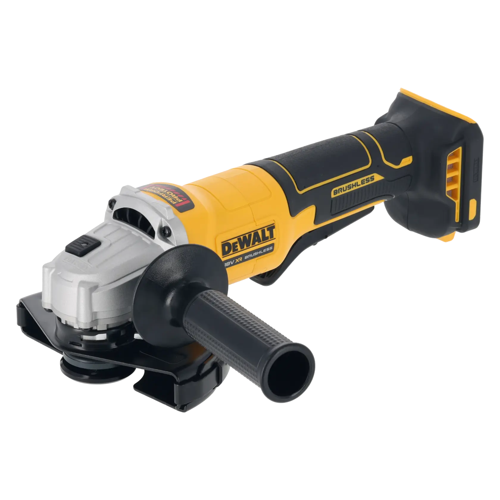 DEWALT cordless angle grinder with brushless motor, yellow and black, shown from side view.
