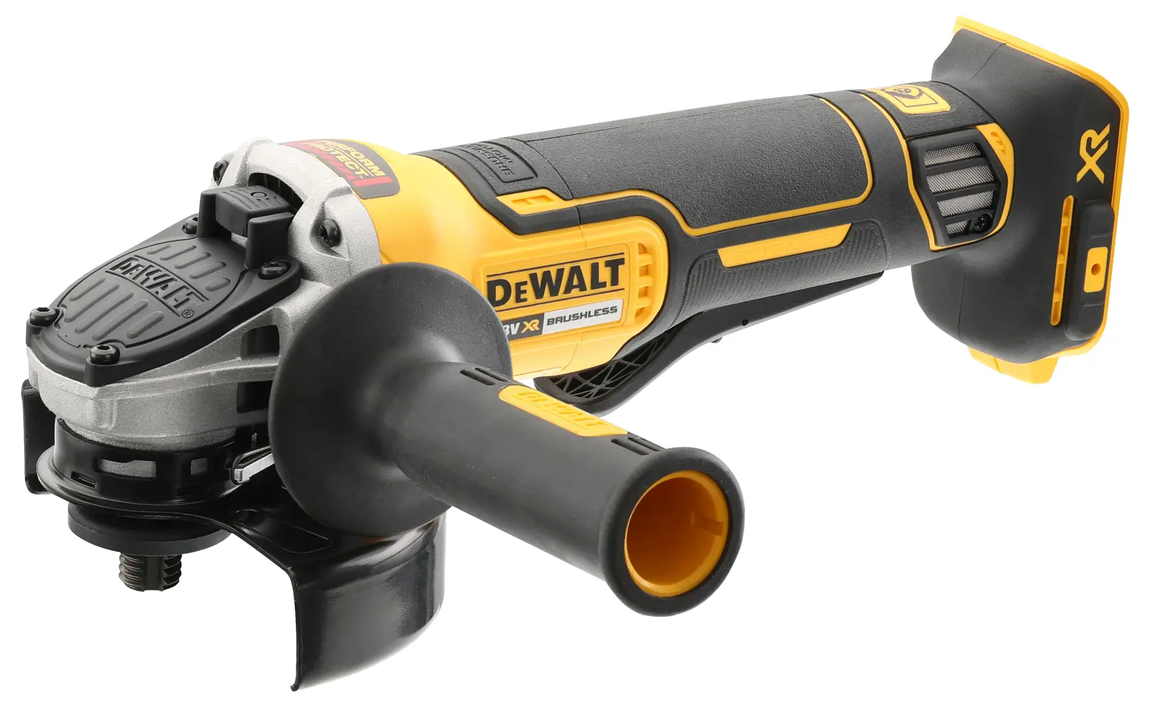 Cordless DEWALT angle grinder with brushless motor and ergonomic grip, model DCG413N.