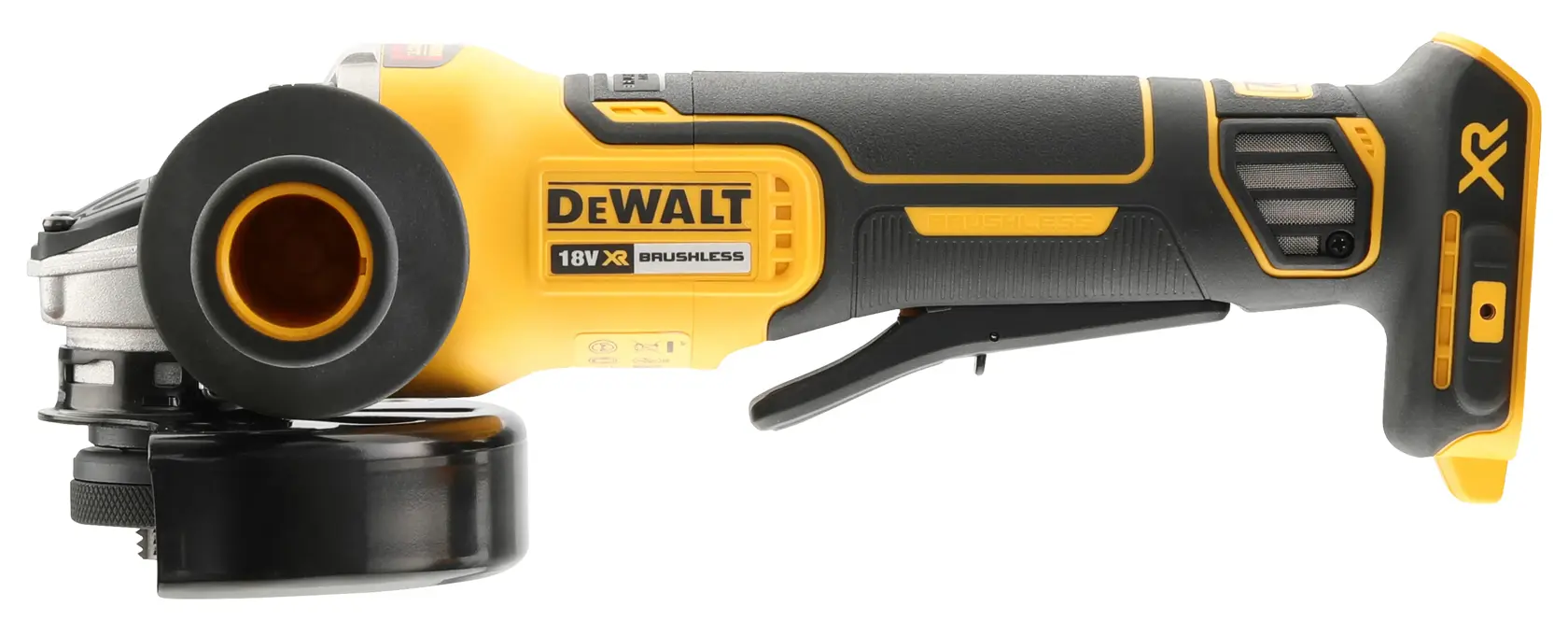 DEWALT 18V XR brushless cordless angle grinder, black and yellow, side view.