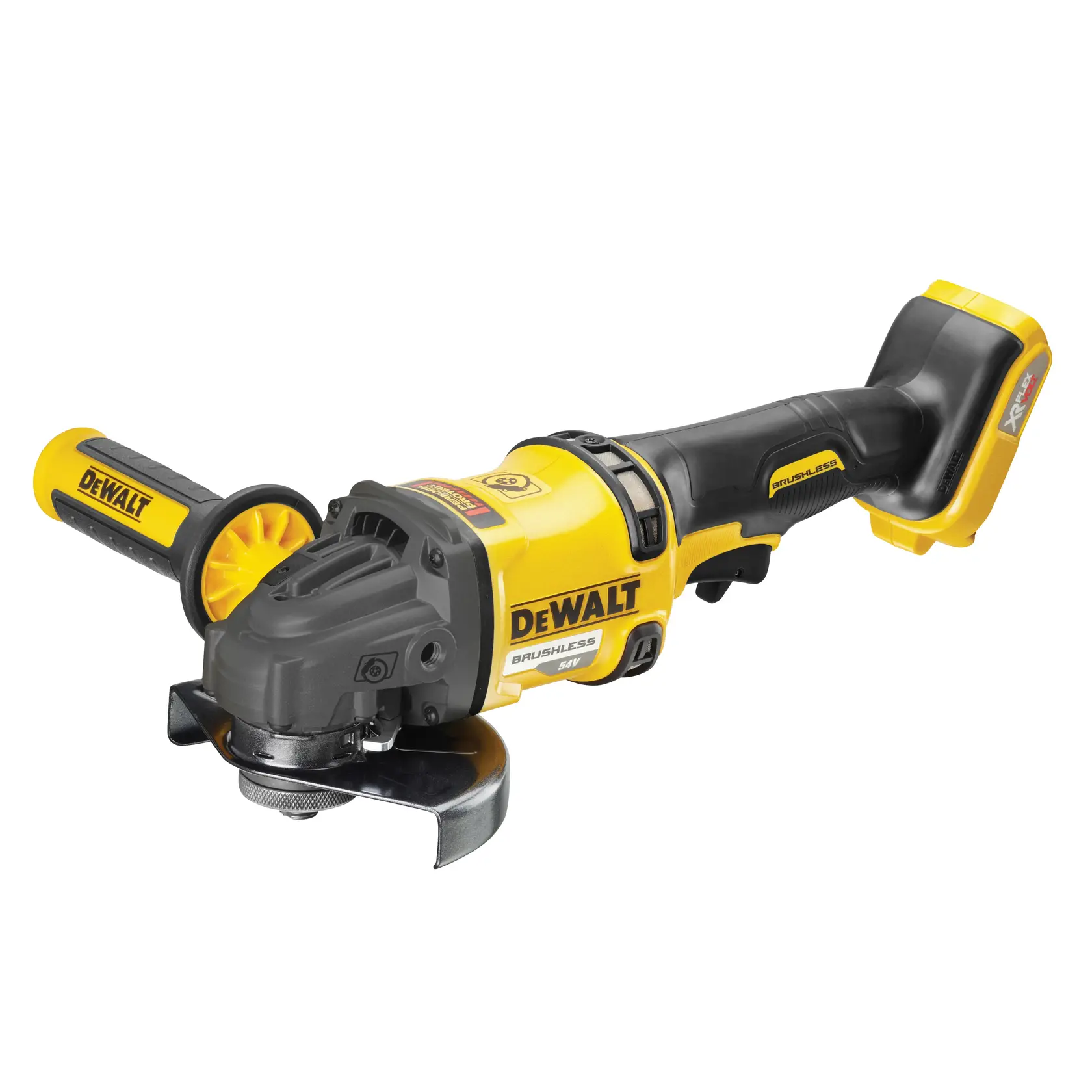 DEWALT yellow-black cordless grinder, side view, SKUs DCZ507T2-XE, DCG418N-XJ, DCG418N, DCZ503X2-XE.