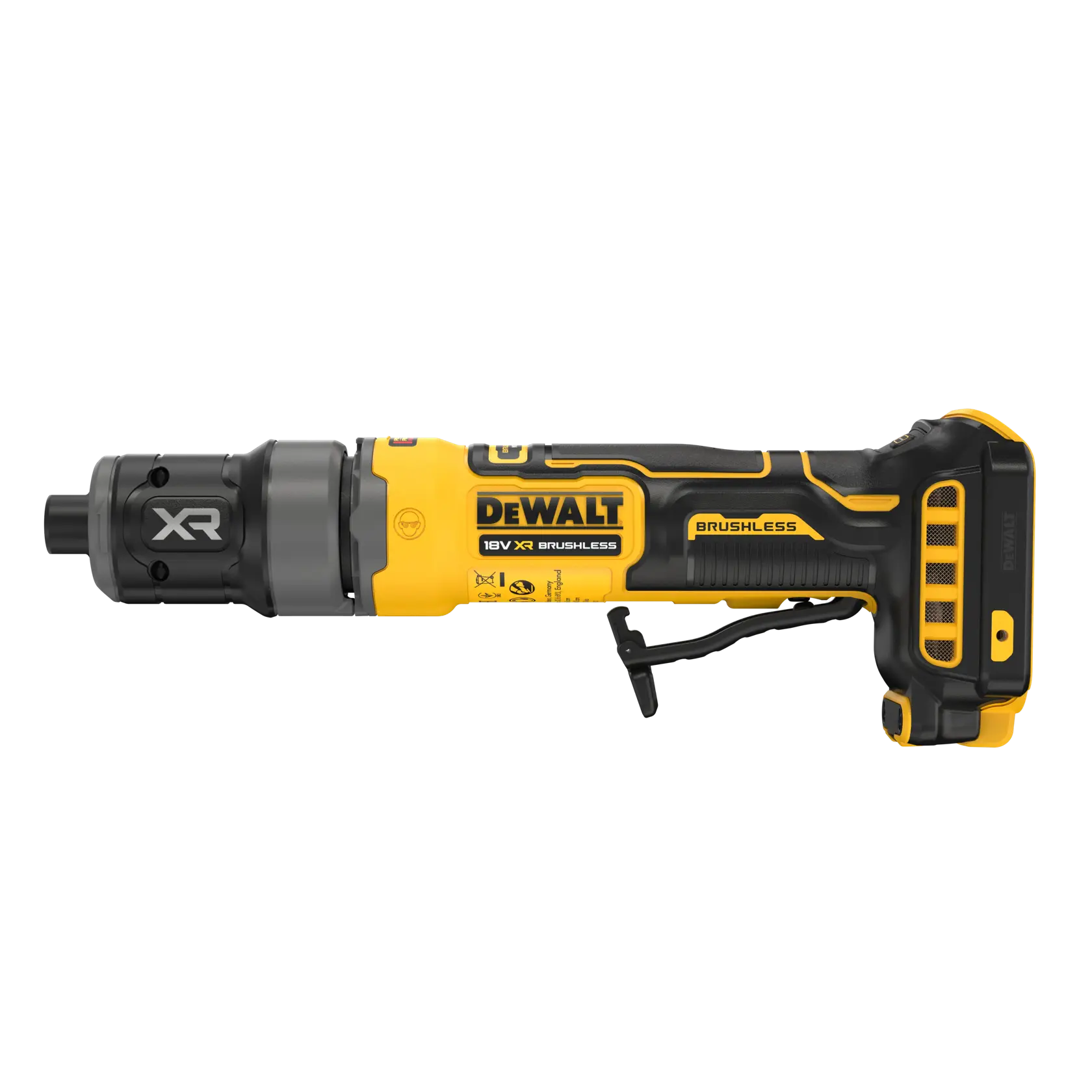 DEWALT XR brushless tool, photography category, SKUs DCG420N-XJ, DCG420N, yellow and black.