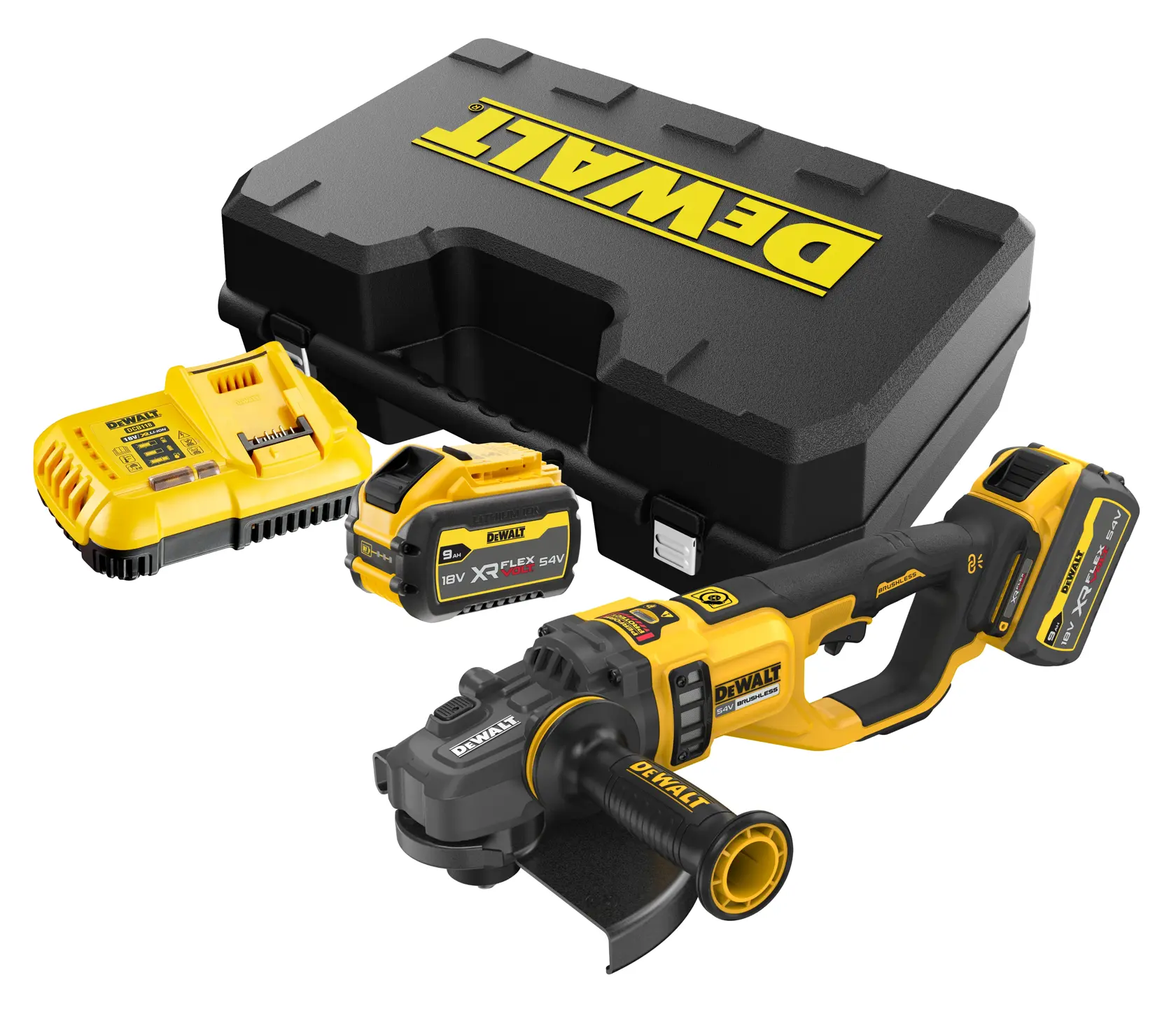 DEWALT cordless grinder kit with battery, charger, case, and accessories displayed on white background.