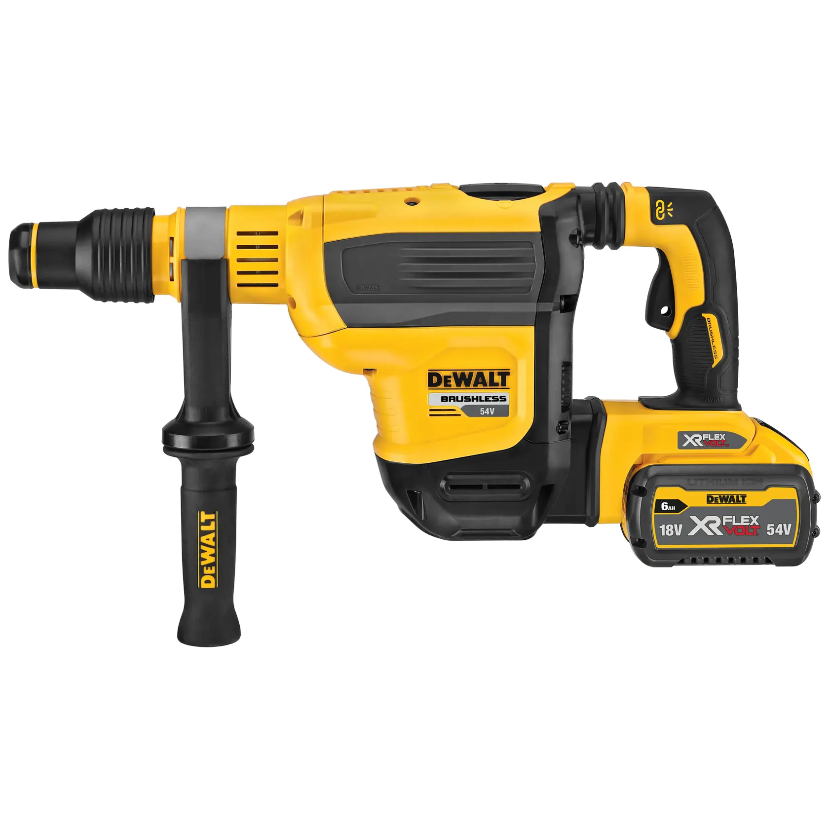 Worker uses DEWALT demolition hammer to break concrete wall in construction site.